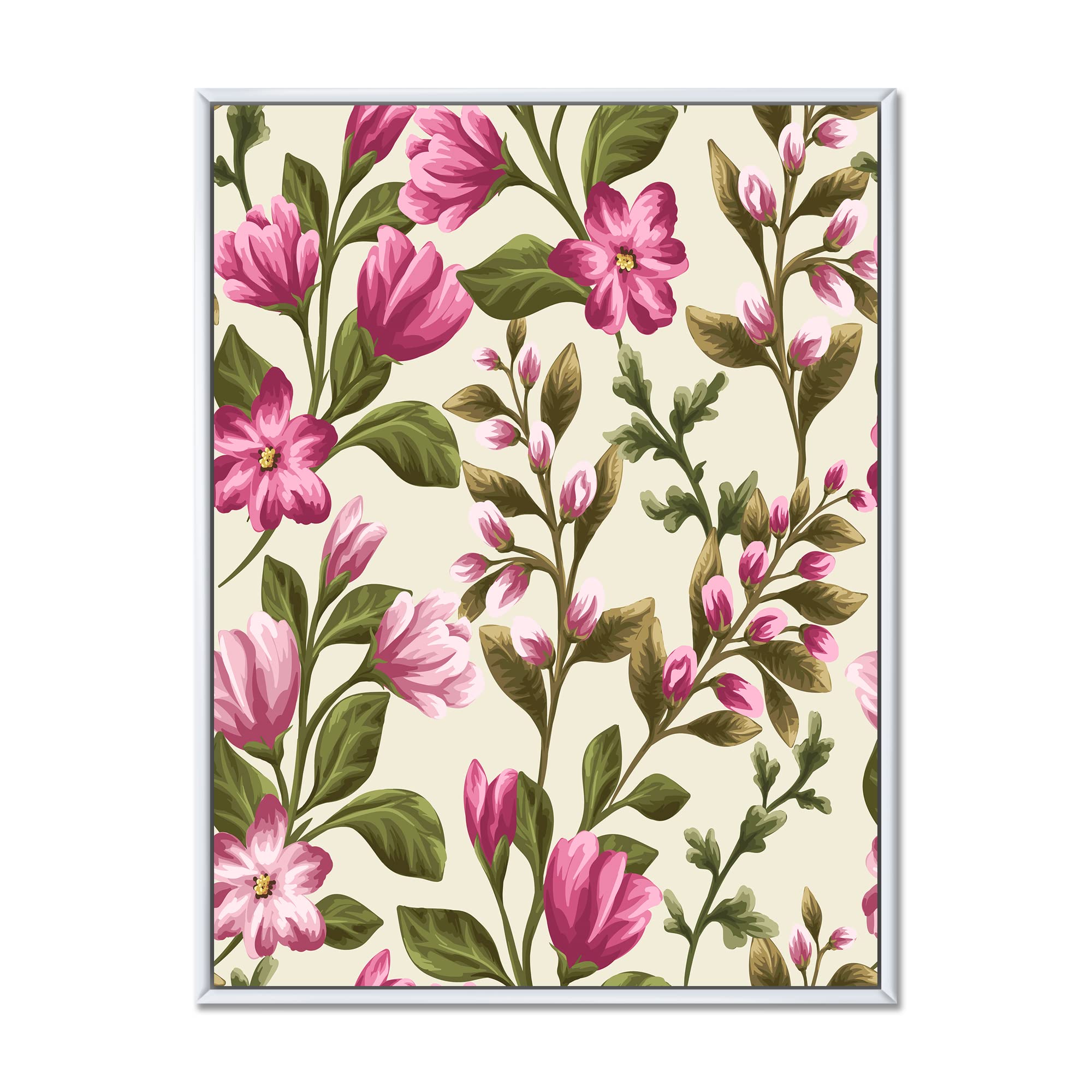 Vintage Pink Wildflowers Framed Canvas Wall Art - Traditional Floral Painting for Home Decor, Living Room, Bedroom & Office