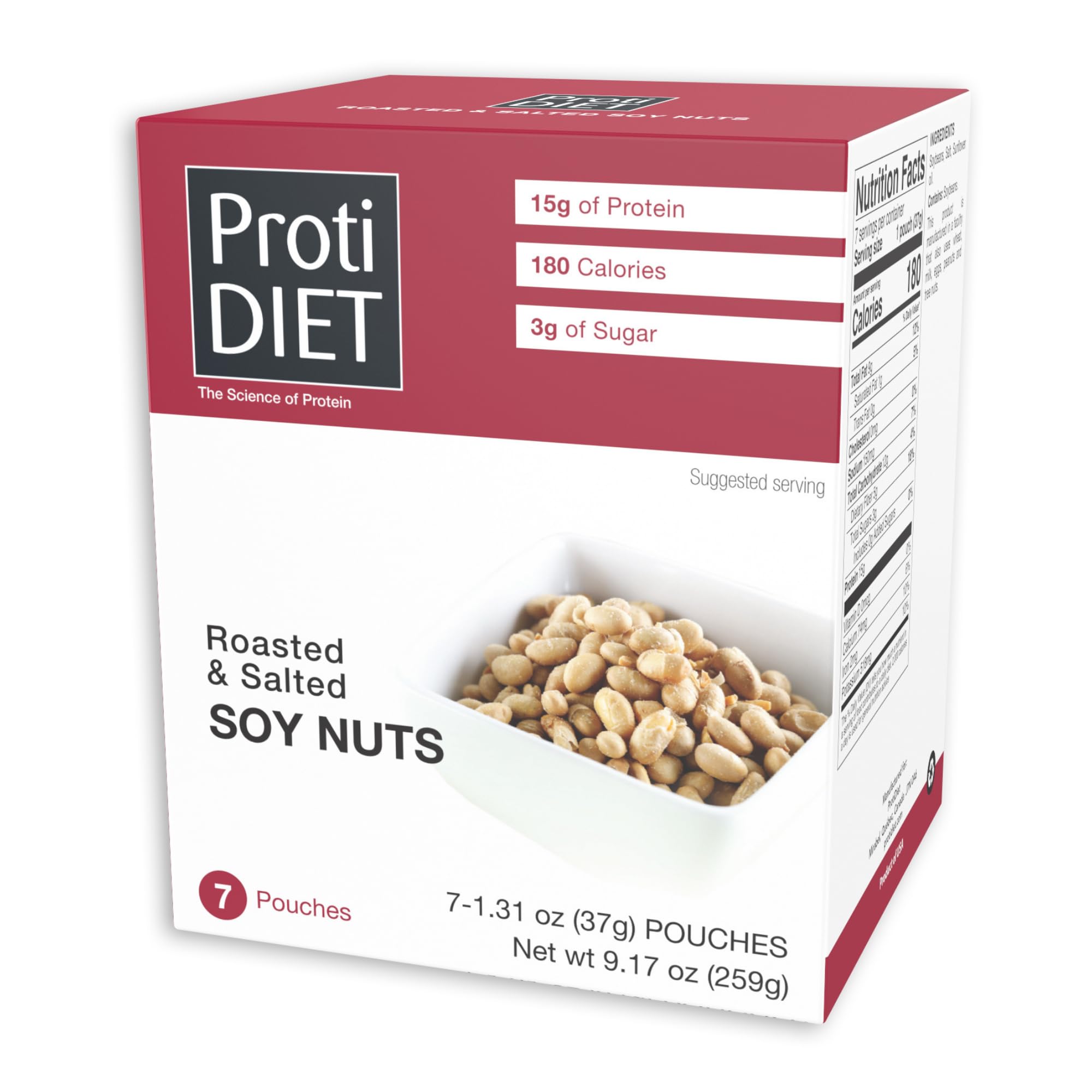 ProtiDIET Roasted & Salted Soy Nuts - High Protein, Fiber-Rich Snacks | Heart Healthy Soybean Snacks for Adults | Perfect for Work, Travel & On-the-Go | 7 Pouches per Box | Great for Office Snacking, Hiking & Road Trips