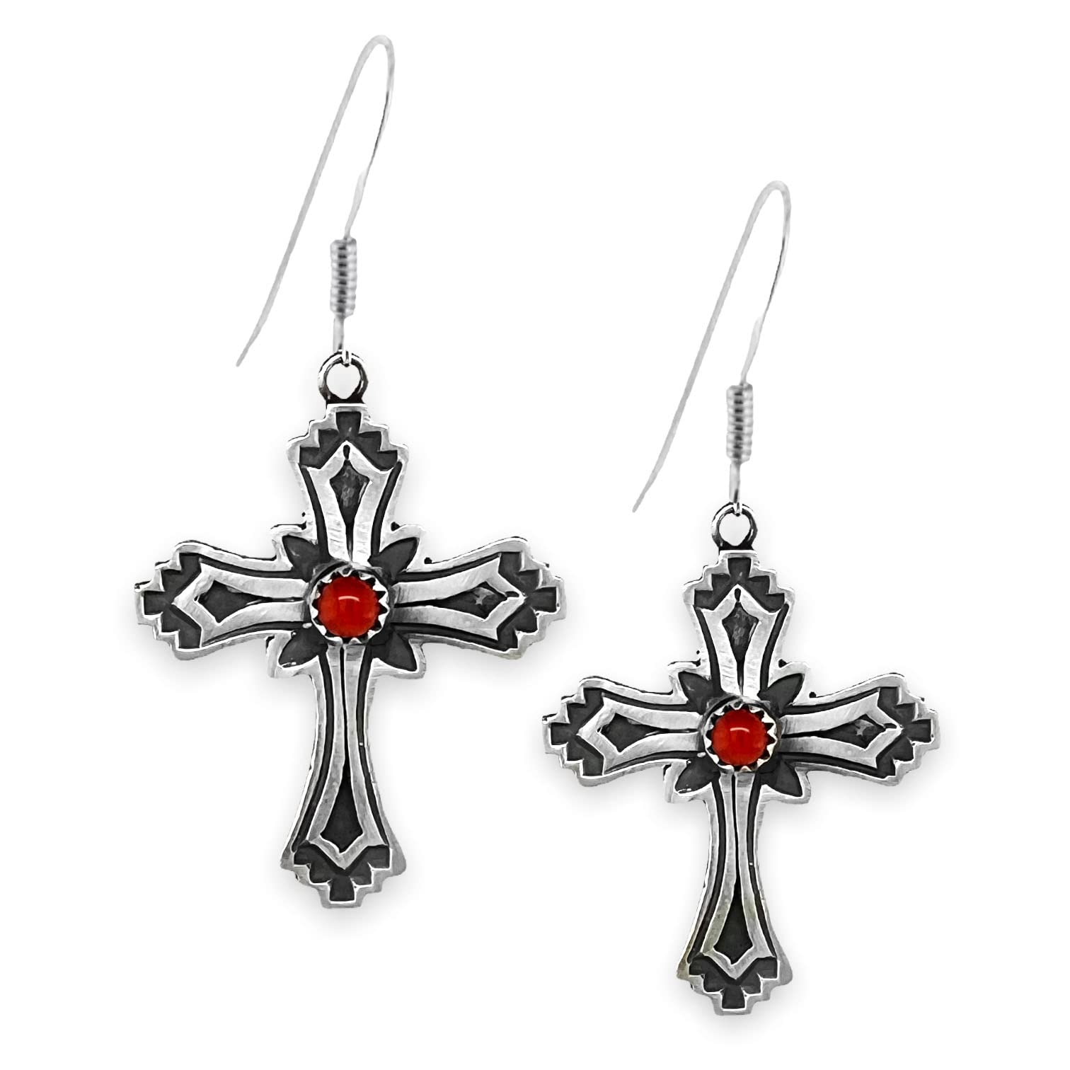 Authentic Native American Handmade 925 Sterling Silver Red Coral Cross Earrings for Women – Christian Drop Jewelry, Nickel-Free French Hook Dangle Earrings – Perfect for Church, Weddings & Everyday Wear