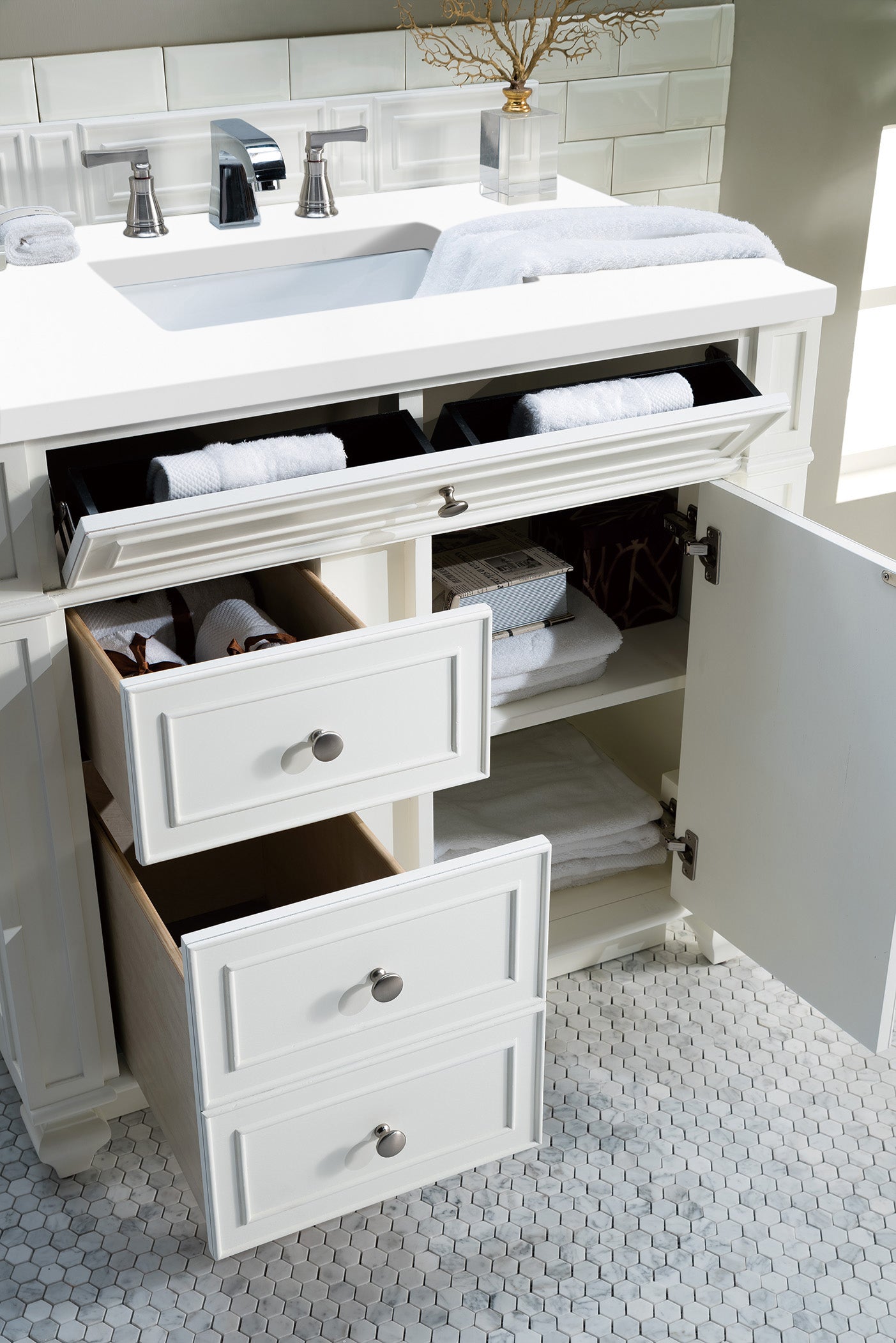 Bristol 36 Inch Single Bathroom Vanity with 3CM Classic White Quartz Top - Bright White Finish for Modern Bathroom Remodeling | Perfect for Small Spaces & Powder Rooms