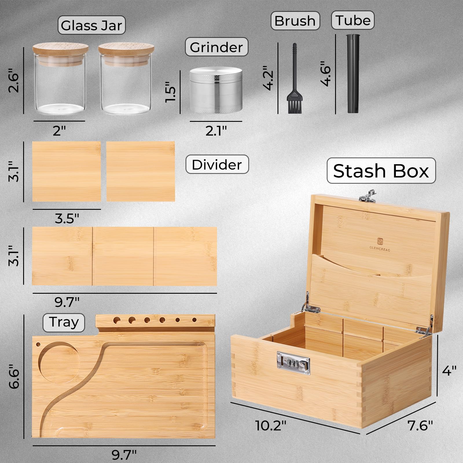 Premium Smell Proof Bamboo Stash Box with Lock - Large Rolling Tray Storage Set Includes Glass Jars & Herb Grinder - Perfect for Aromatherapy, Essential Oils & Herbal Storage - Great Gift for Men & Women