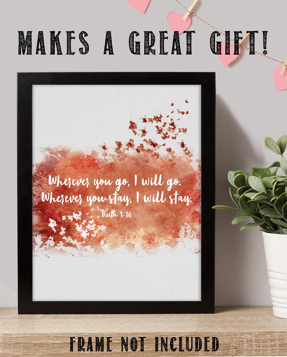 TJ Originals Ruth 1:16 Bible Verse Wall Art Print - Orange Butterfly Scripture Decor - Christian Home & Office Gift for Women - Inspirational Religious Decor for Bedroom, Living Room & Prayer Space