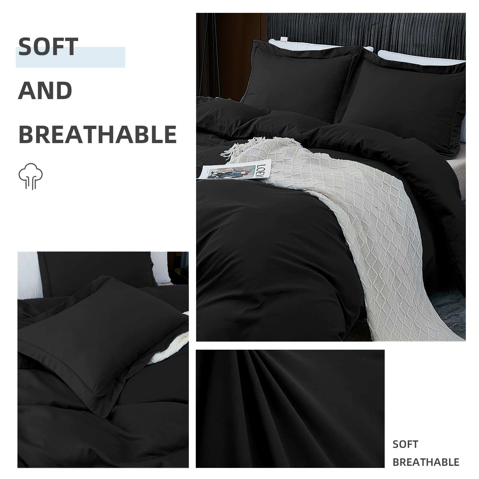 BBANGD Twin Duvet Cover Set - Ultra Soft & Breathable Washed Microfiber 3-Piece Comforter Cover with Zipper Closure & 2 Pillow Shams (Black) | Perfect for Bedroom, Guest Room, Dorm & Hotel Stays
