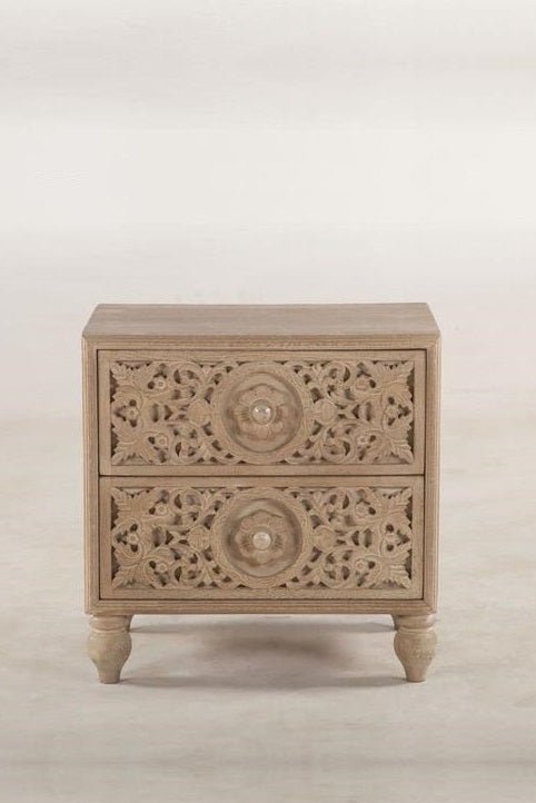 Hand Carved Wooden Nightstand with Two Drawers - Natural Finish Bedside Table for Bedroom, Living Room & Guest Room | Rustic Home Decor Furniture