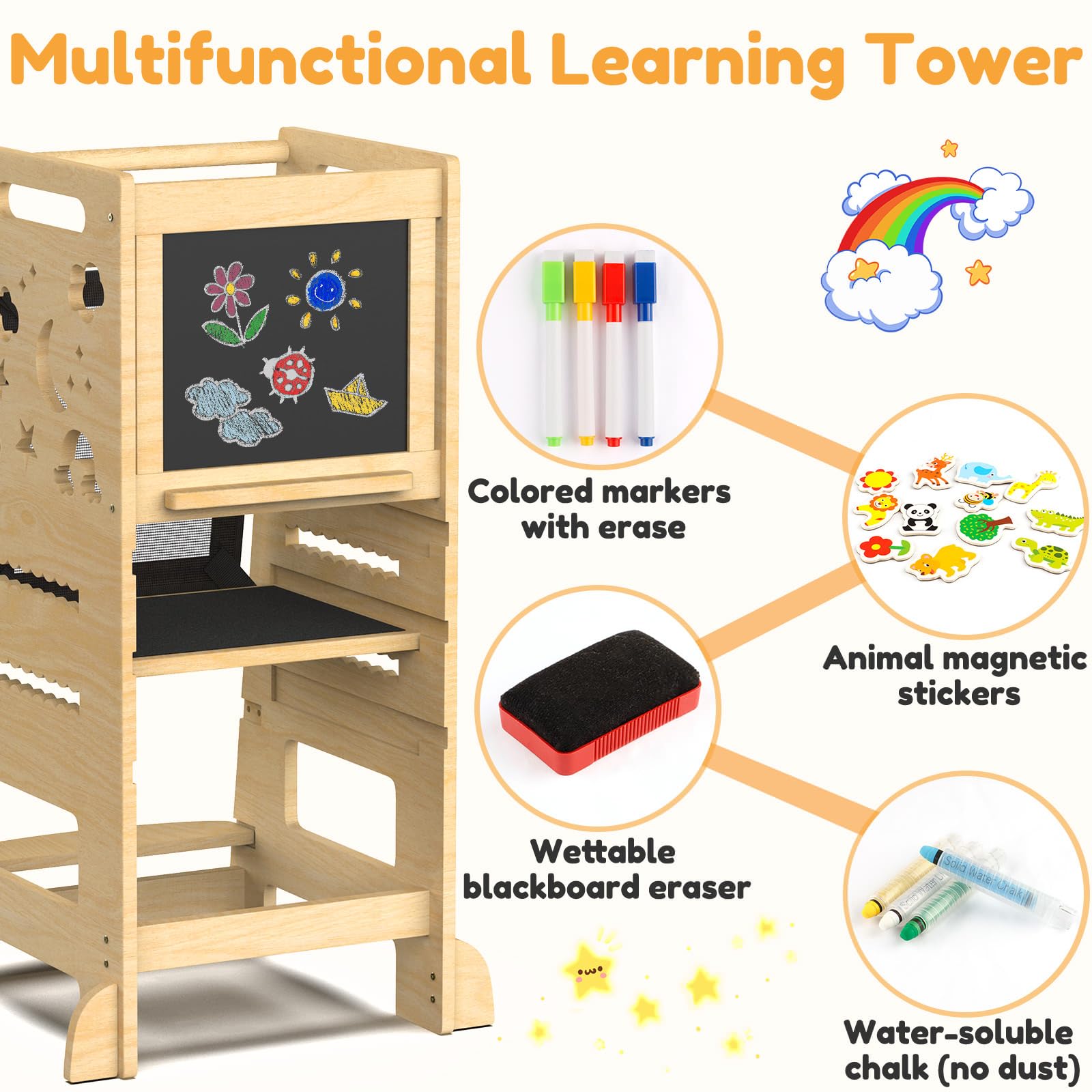 Natural Wood Adjustable Height Toddler Tower with Safety Rail - Montessori Learning Step Stool for Kids, Perfect for Kitchen Counter & Bathroom Use, Ideal for Cooking, Baking & Handwashing Activities