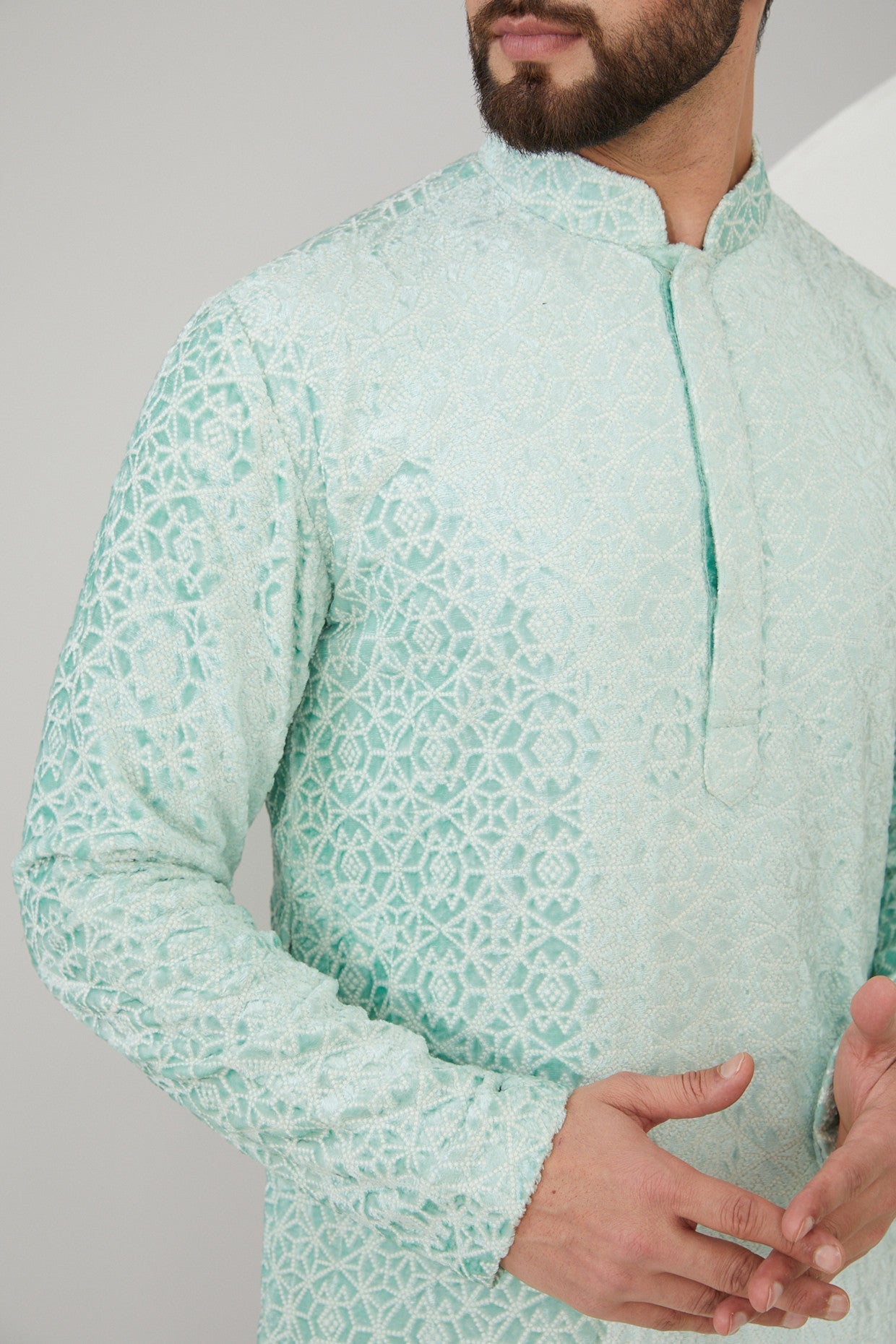 Elegant Ice Blue Velvet Embroidered Kurta for Women - Stylish Geometric Design Indian Tunic Top for Festivals, Parties & Casual Wear