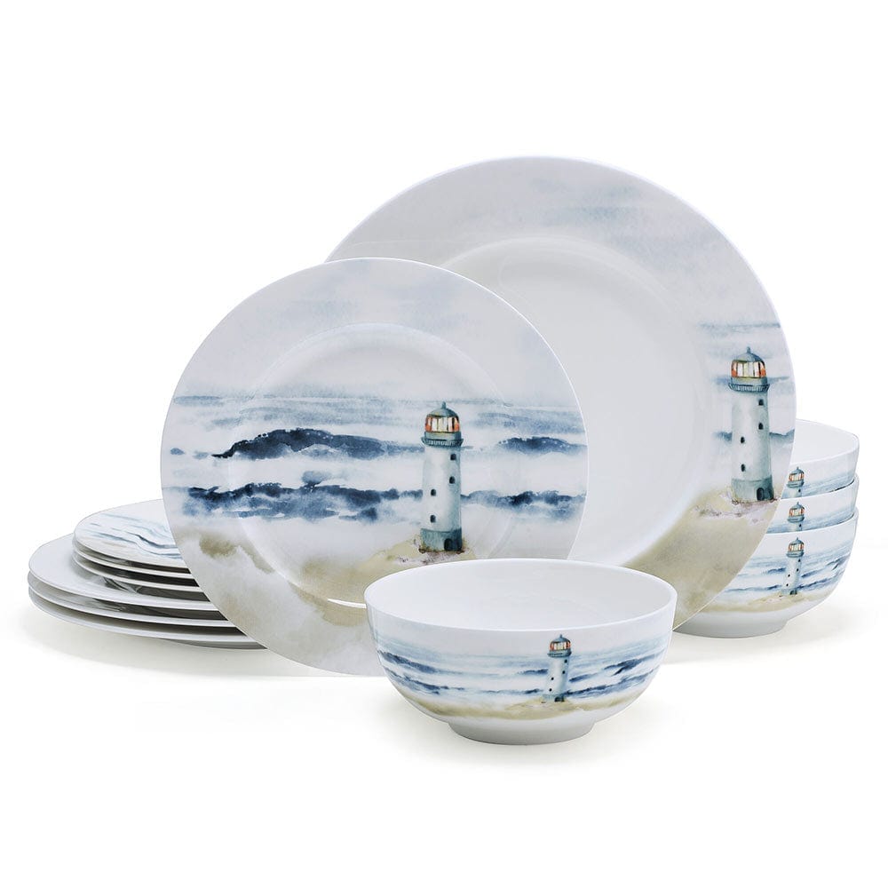 Seaside 12-Piece Dinnerware Set - Service for 4 People - Elegant Porcelain Plates, Bowls & Mugs - Perfect for Beach House, Coastal Dining & Entertaining Guests