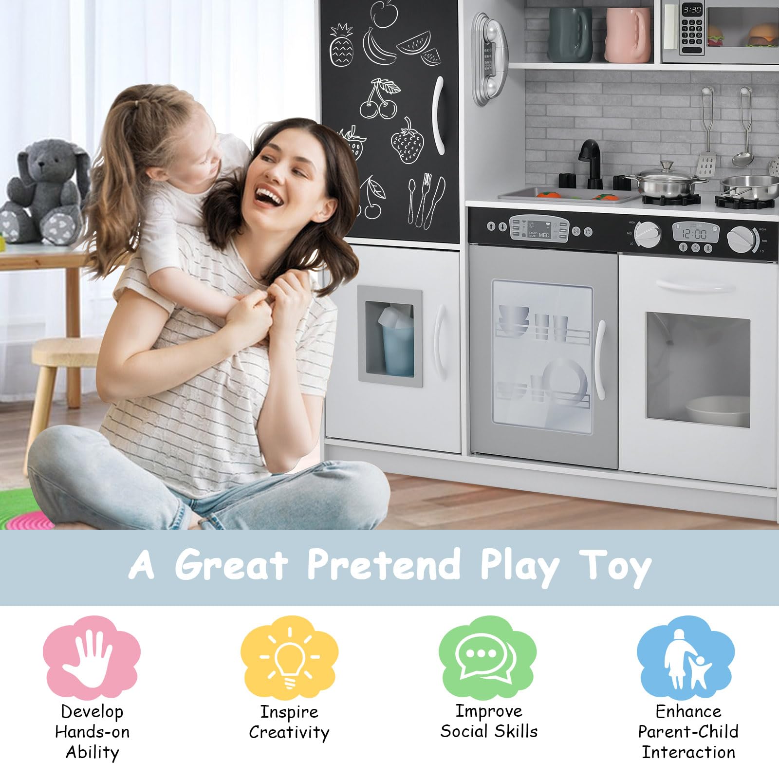 HONEY JOY Wooden Kids Kitchen Playset - Pretend Play Toy Kitchen with Chalkboard, Telephone, Utensils, Oven, Microwave & Sink | Educational Toddler Kitchen Set for Boys & Girls | Perfect Gift for Birthday & Christmas | Encourages Imaginative Play & Social Skills