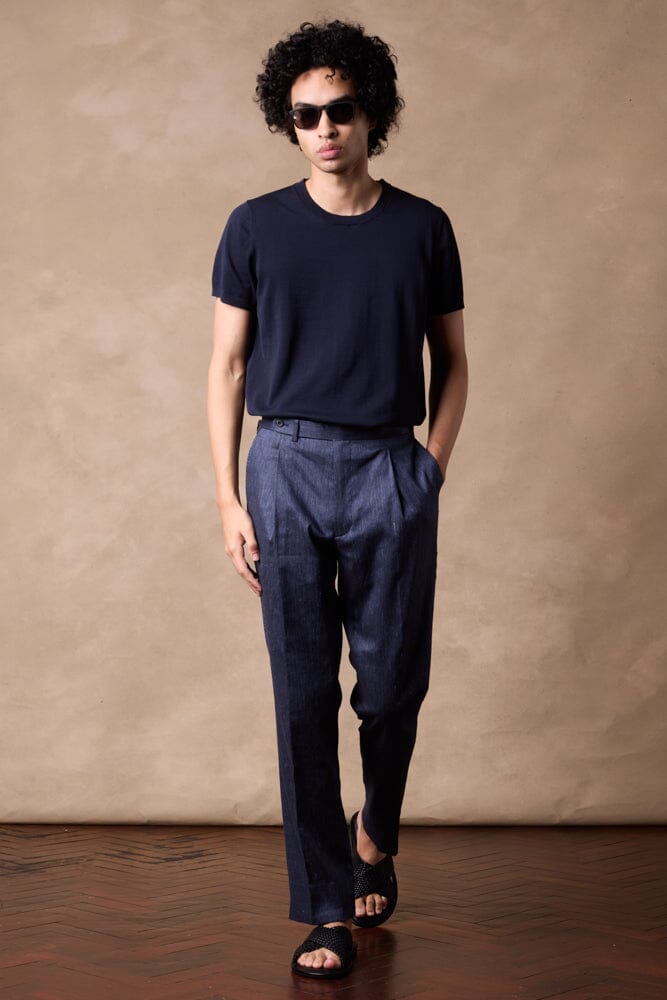 Como Pleated Trousers for Women - Dark Denim Blue Cotton Linen Stretch Pants | Comfortable & Stylish Casual Wear for Office, Travel & Everyday Outfits