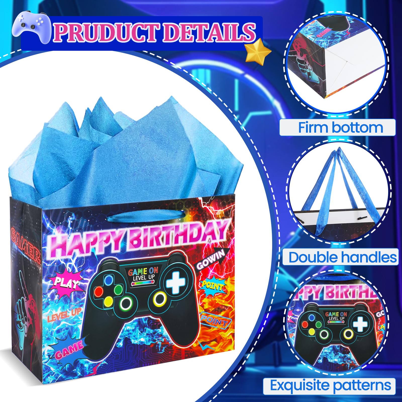 Video Game Themed Birthday Party Decorations - 12 Pack Gaming Favor Bags with Happy Birthday Tissue Paper & Greeting Cards for Boys & Girls | Perfect for Gamer Birthday Parties, Christmas Celebrations & Gaming Events
