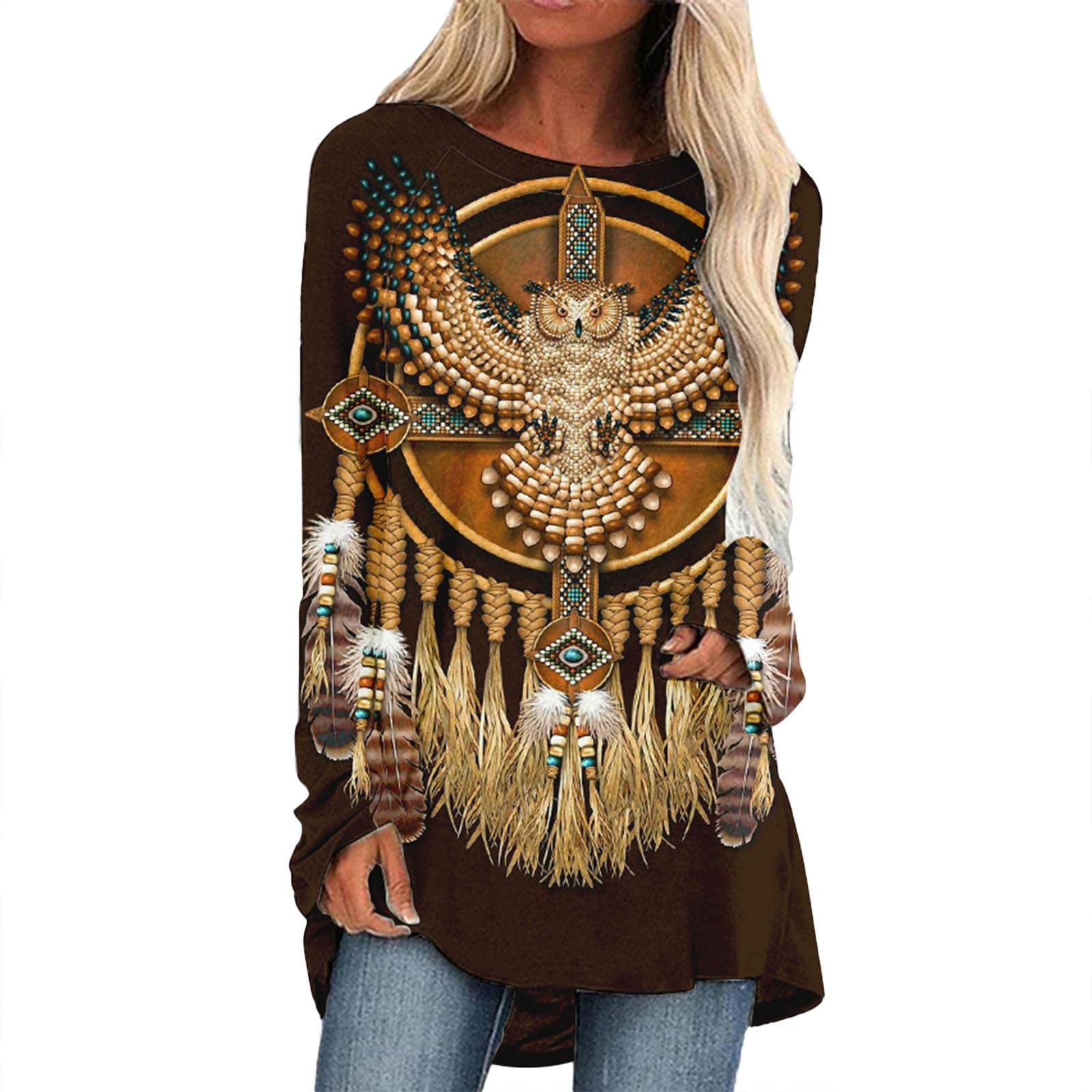 Women's Floral Print Long Sleeve Tunic Tops - Casual Round Neck Loose Blouse Pullover Shirts for Everyday Wear, Work & Spring Outfits