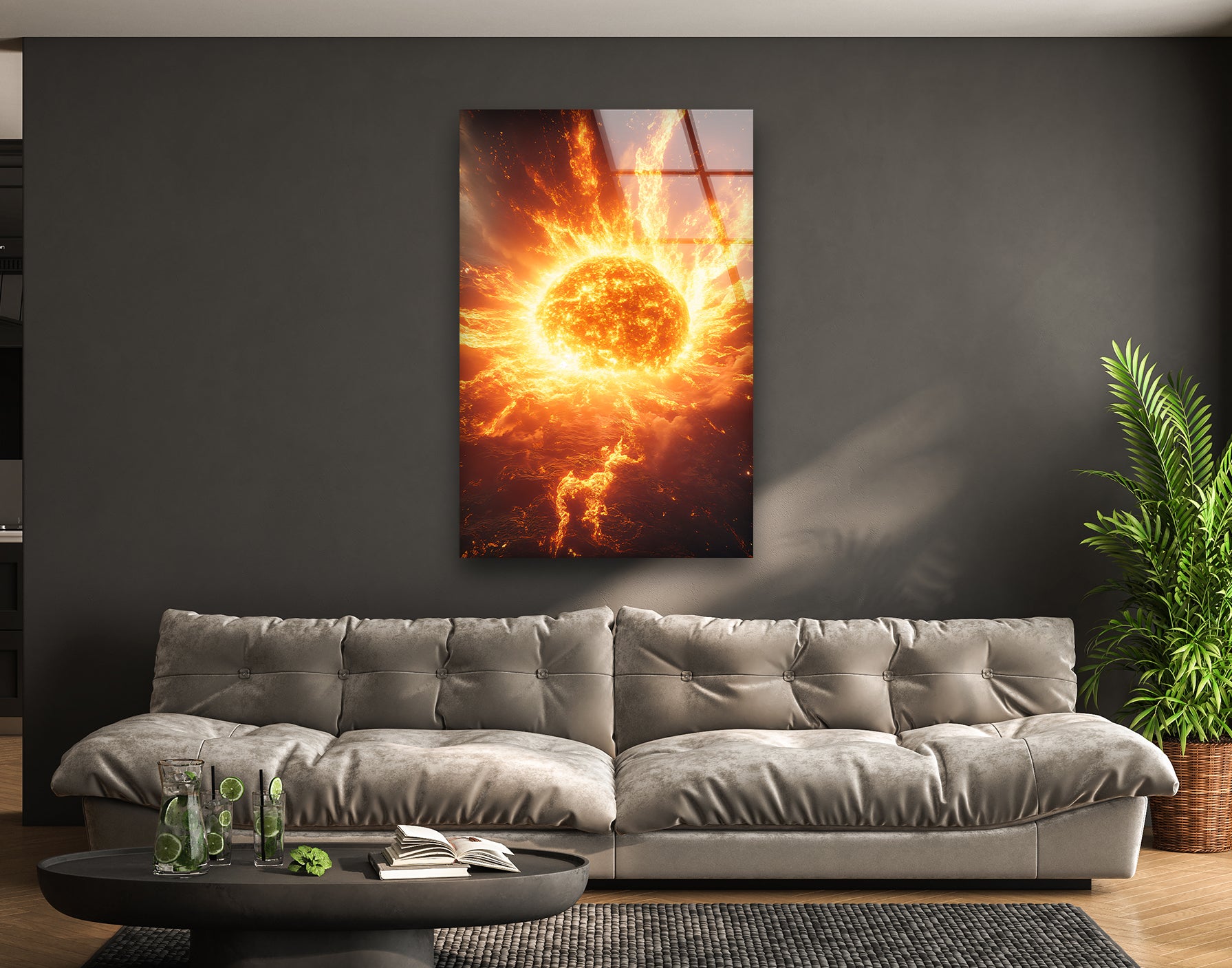 Big Sun Glass Wall Art - Modern Stained Glass Window Decor for Living Room, Bedroom & Office - Handmade Sunburst Design for Home & Office Decor