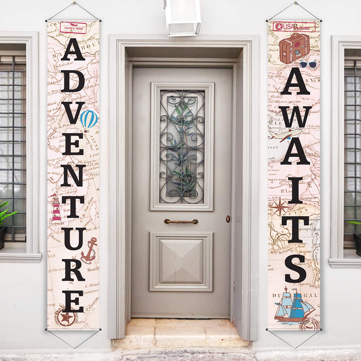 Bon Voyage Banner Garland Set - Travel Themed Party Decor for Indoor/Outdoor Use - Perfect for Retirement, Moving, Relocation, Wedding & Bachelorette Parties - Adventure Awaits Porch Sign (Khaki) - Ideal for Home Decor, Backyard Celebrations & Travel-Themed Events