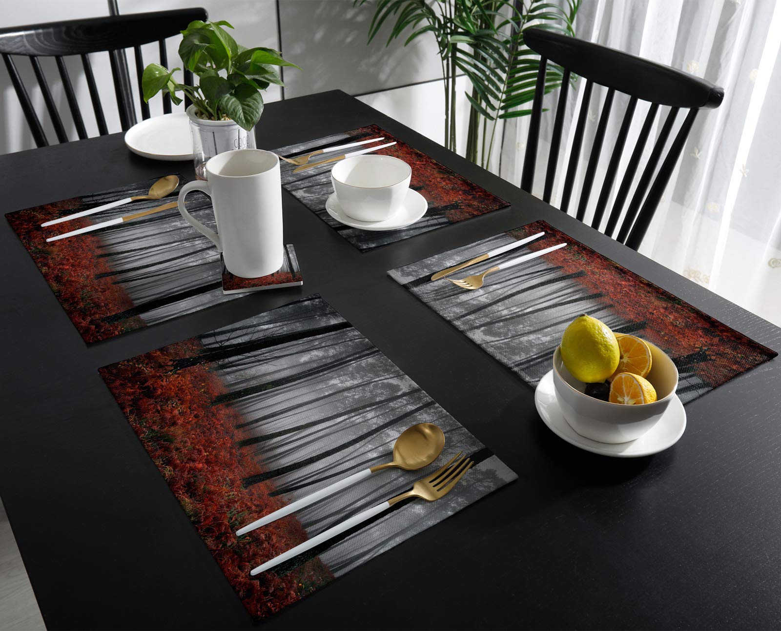 Spooky Red Maple Forest Placemats Set of 4 - Washable Modern Table Mats for Dining, Gray & Misty Scenery Design - Perfect for Home, Party, Wedding & Holiday Decor - Indoor & Outdoor Use