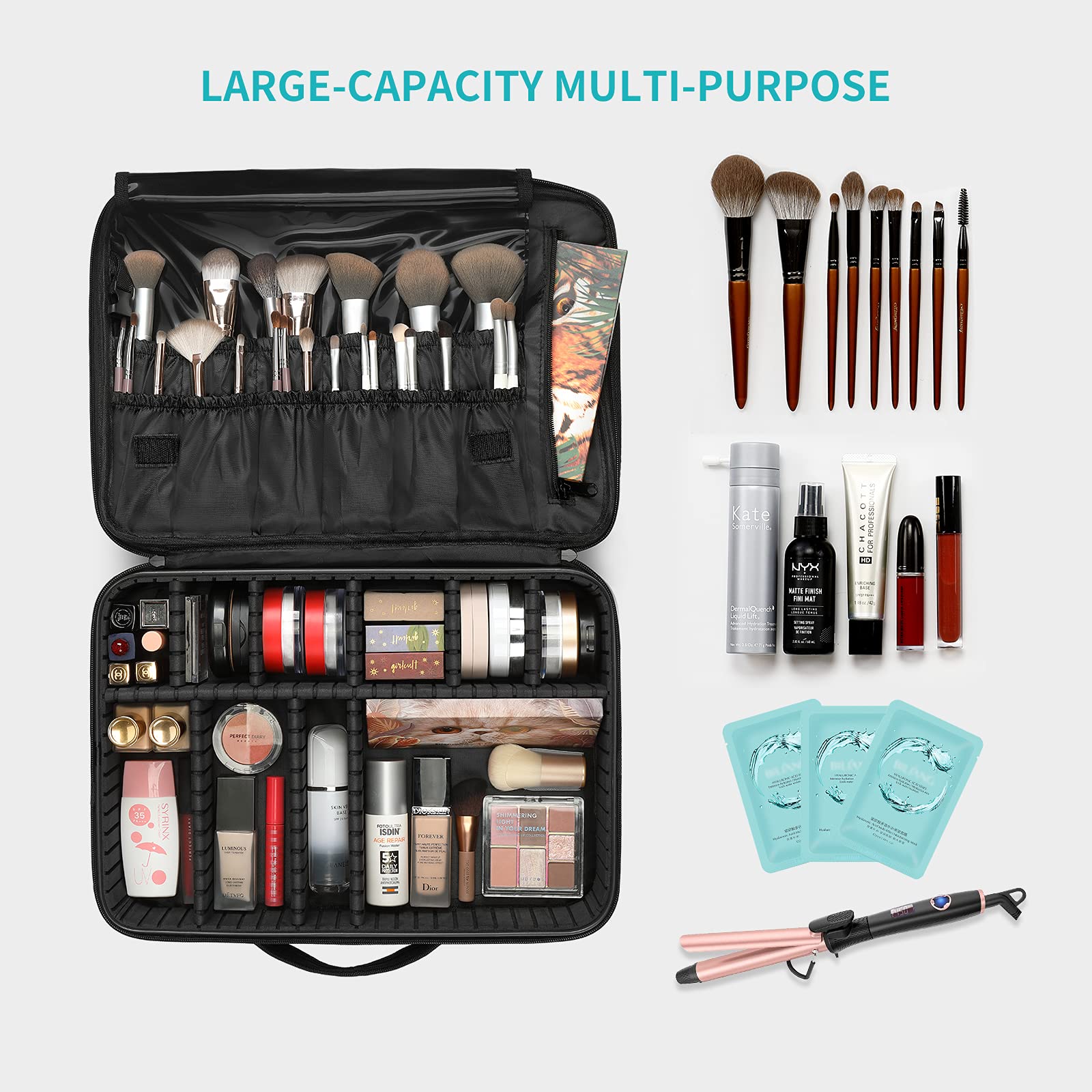 Vlando Large Makeup Bag Organizer for Women - Adjustable Dividers Travel Cosmetic Case for Brushes, Lipstick, Facial Masks - Black | Perfect for Travel, Home Storage & Salon Use