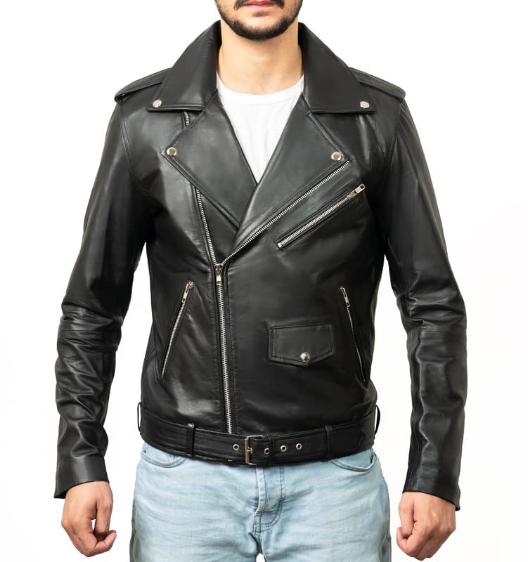 Premium Genuine Leather Biker Jacket for Men - Black Motorcycle Jacket with Notch Lapel Collar & Zippered Cuffs | Stylish Outerwear for Riding, Casual Wear & Night Out