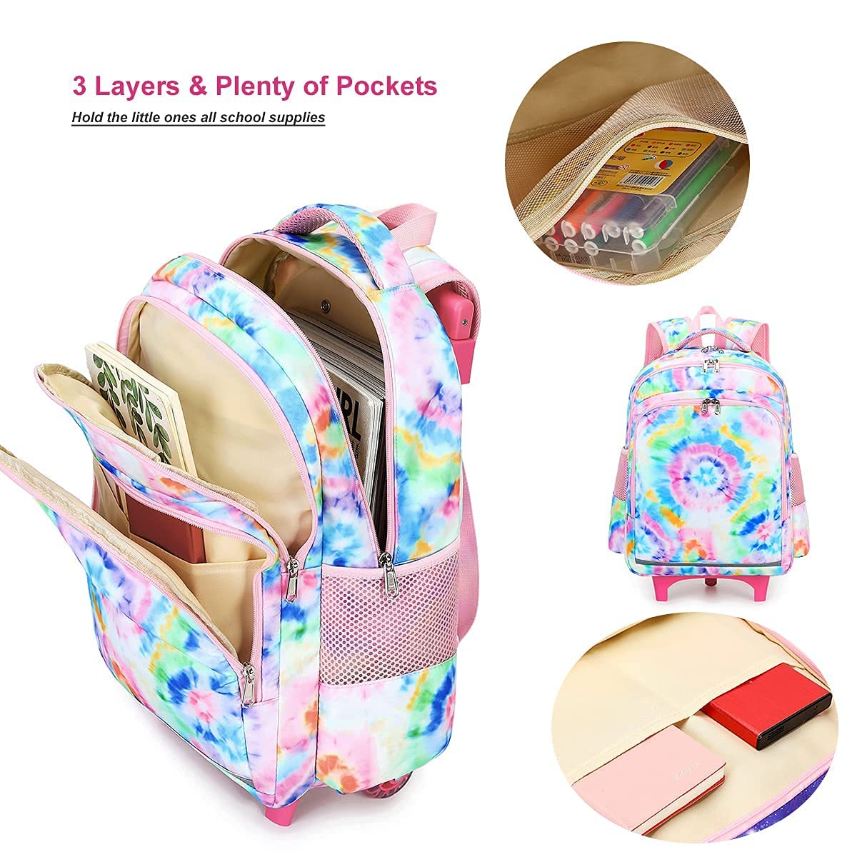 **CAMTOP 18 Inch Rolling Backpack for Girls - Wheeled School Backpack with Handle, Tie Dye Travel Luggage for Kids - Perfect for School, Travel & Weekend Trips**