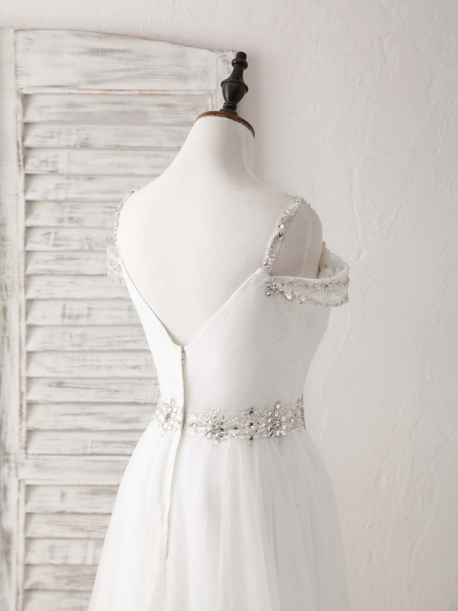 Elegant White Off Shoulder Tulle Beads Long Prom Dress - Formal Evening Gown for Homecoming, Wedding, and Special Occasions