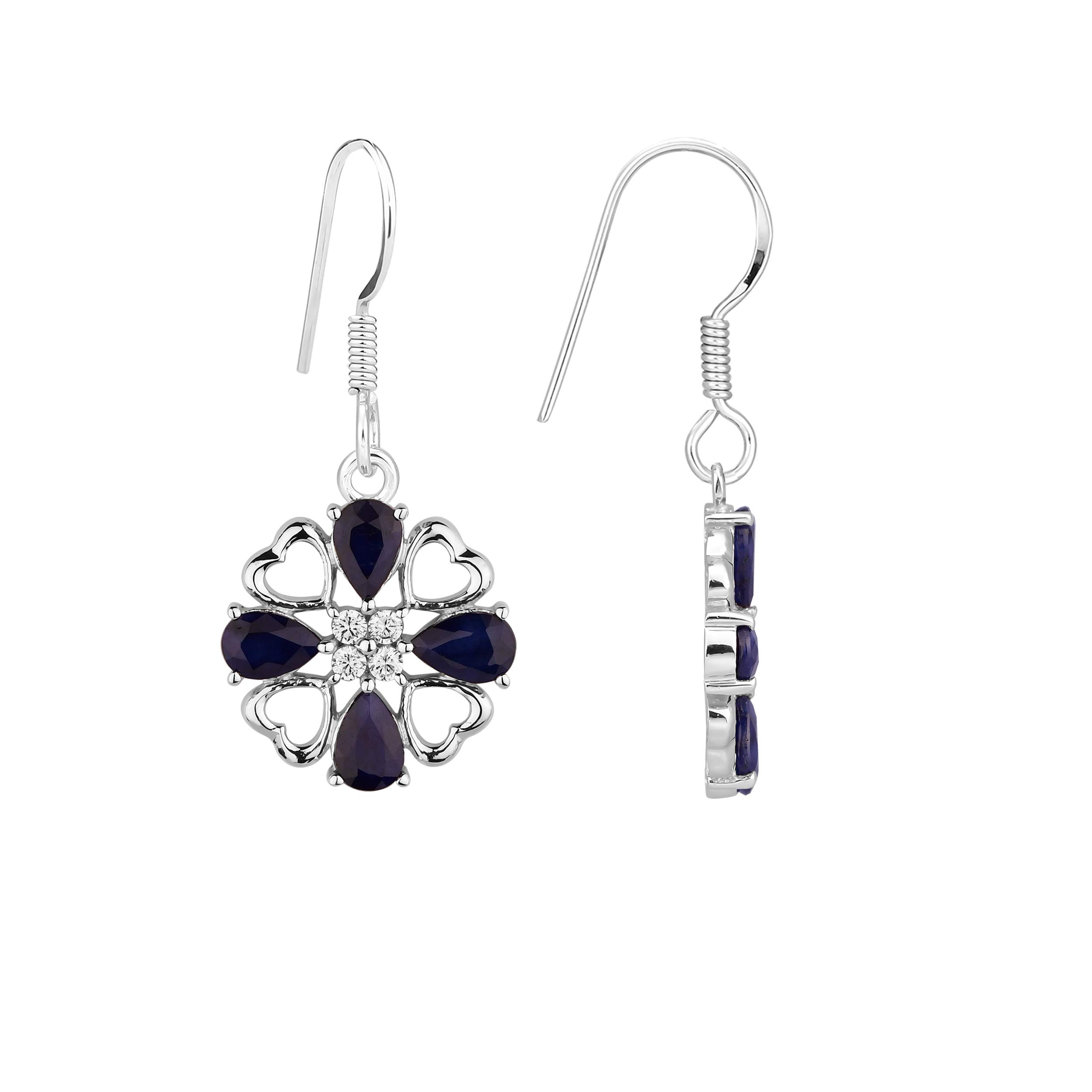 925 Sterling Silver Heart Drop Earrings with Onyx/Blue Sapphire Gemstones - Birthstone Jewelry Gift for Women & Girls | Valentine's Day, Anniversary, Birthday Gift Idea