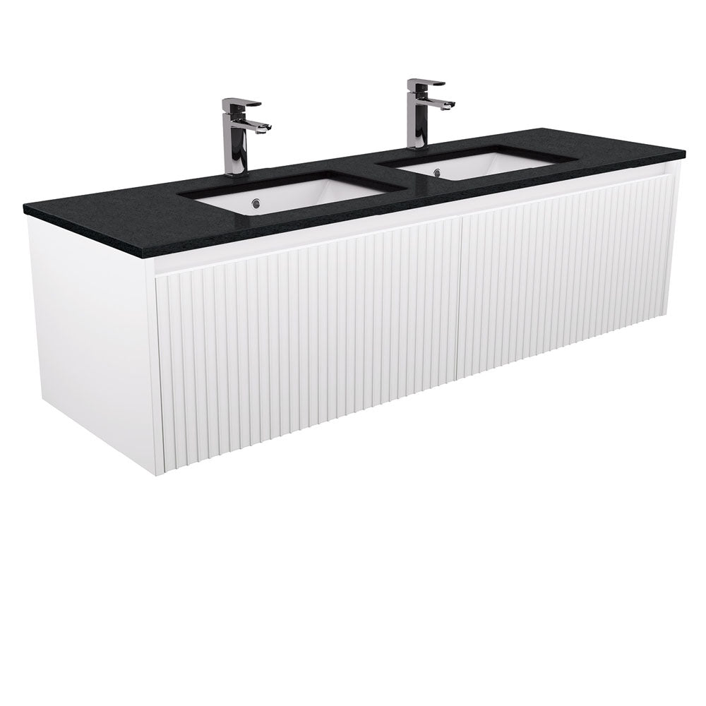 Fienza SB150RWD Sarah Black Sparkle Undermount Double Bowl 1500mm Bathroom Vanity with Alina Satin White Finish - Wall Mounted Modern Sink Cabinet for Small Bathrooms & Powder Rooms