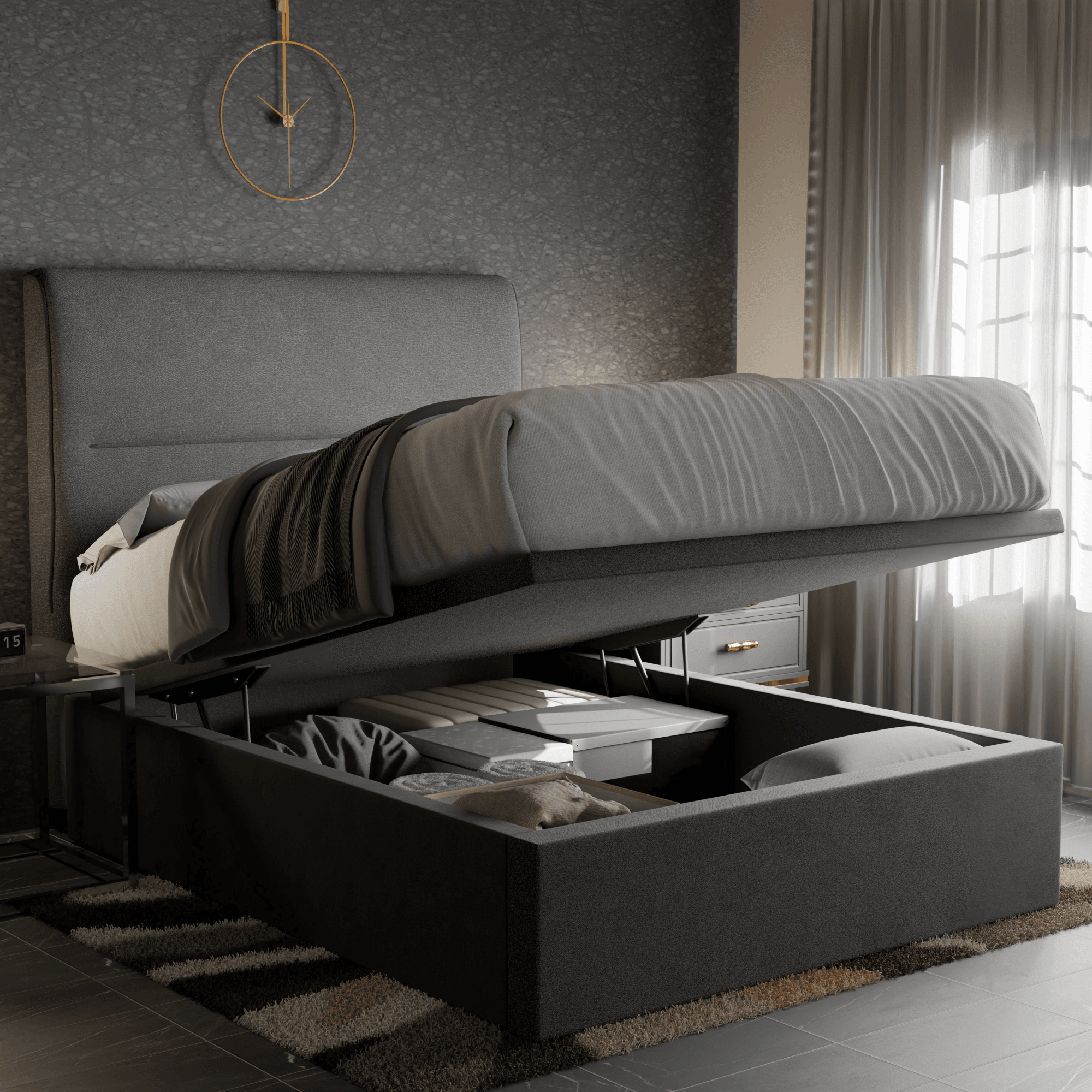 Emilia Fabric Storage Bed with Drawers - Underbed Storage Organizer for Bedroom, Guest Room, Kids Room - Queen Size, Gray Linen