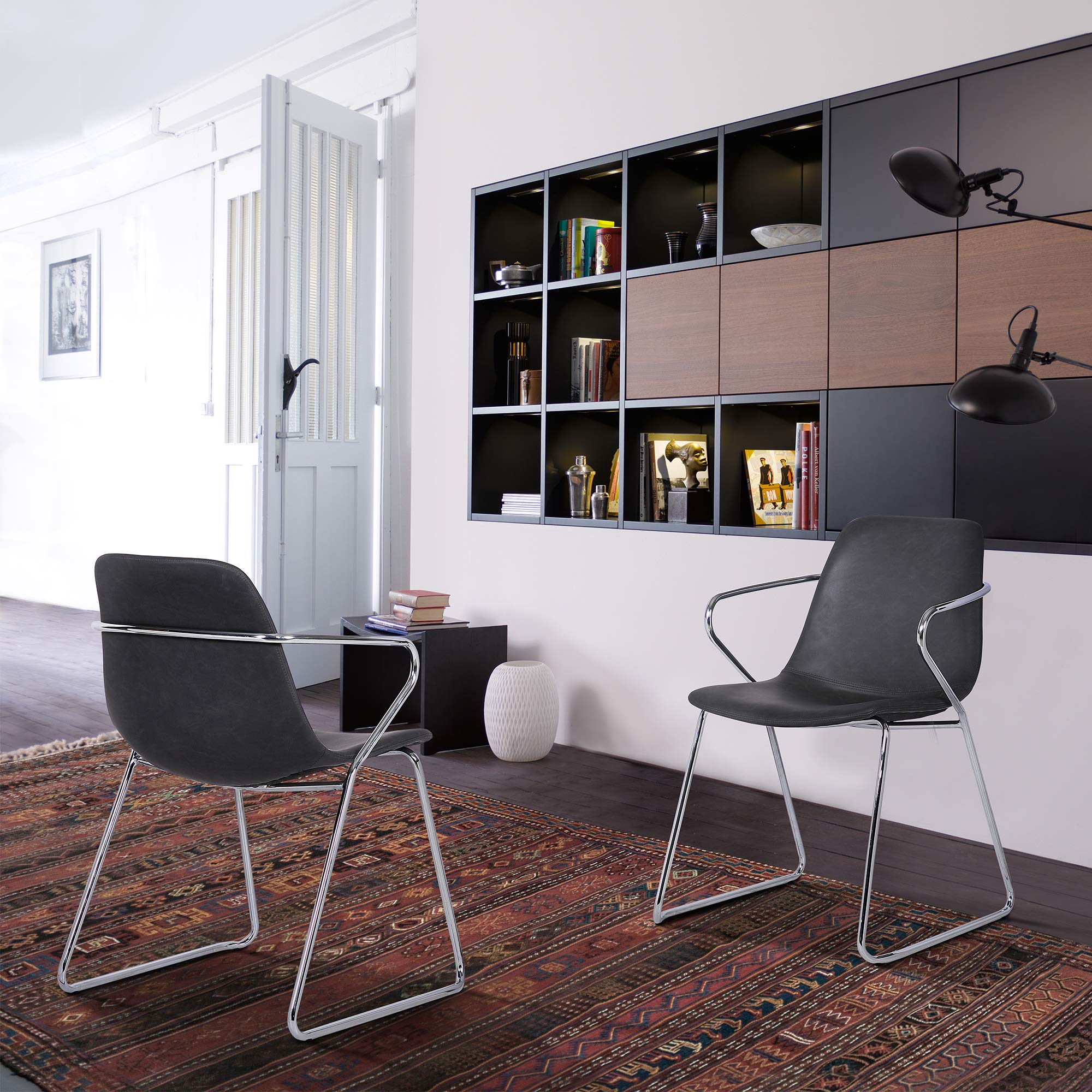 Armen Living Colton Faux Leather Dining Chairs Set of 2 - Gray & Chrome Finish Modern Accent Chairs for Dining Room, Kitchen, or Home Office