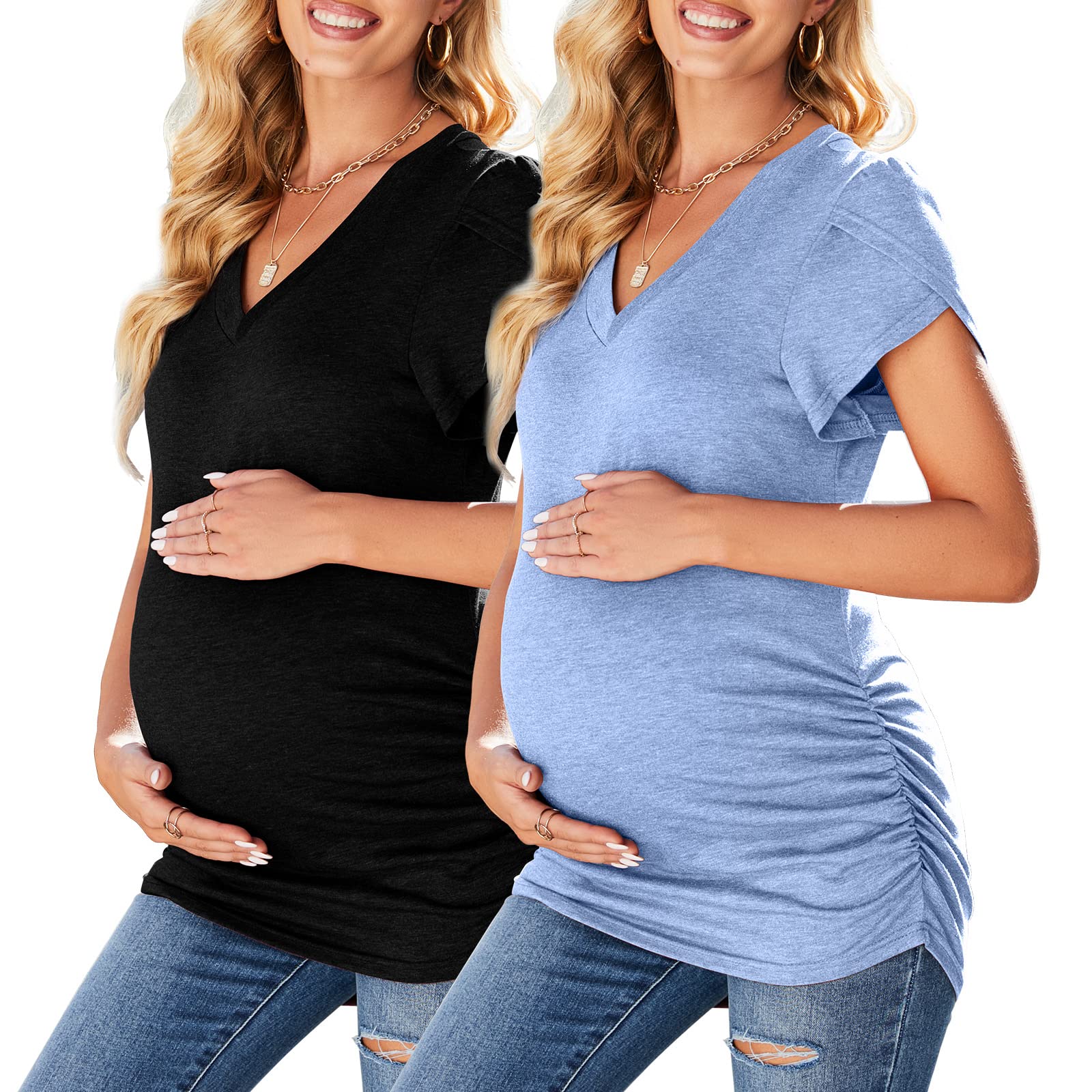 Molliya Maternity Shirts for Women - Comfortable Short & Long Sleeve V-Neck Pregnancy Tops with Side Ruched Design | Perfect for Summer, Work & Casual Wear