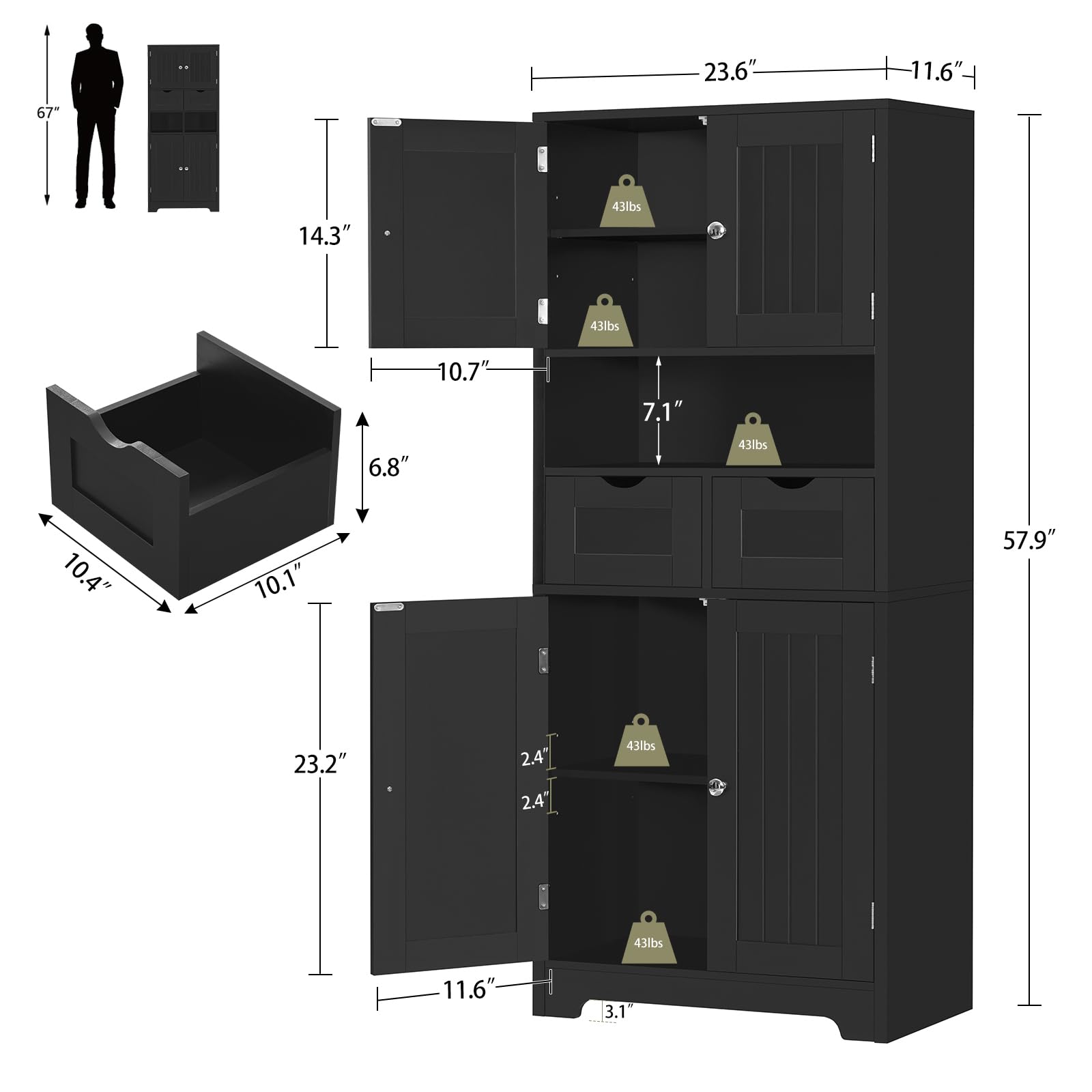 Iwell Tall Storage Cabinet with Adjustable Shelves - 2-Drawer Bathroom & Linen Organizer for Living Room, Bedroom, or Office - Black Wooden Cabinet for Towels, Blankets & Home Storage