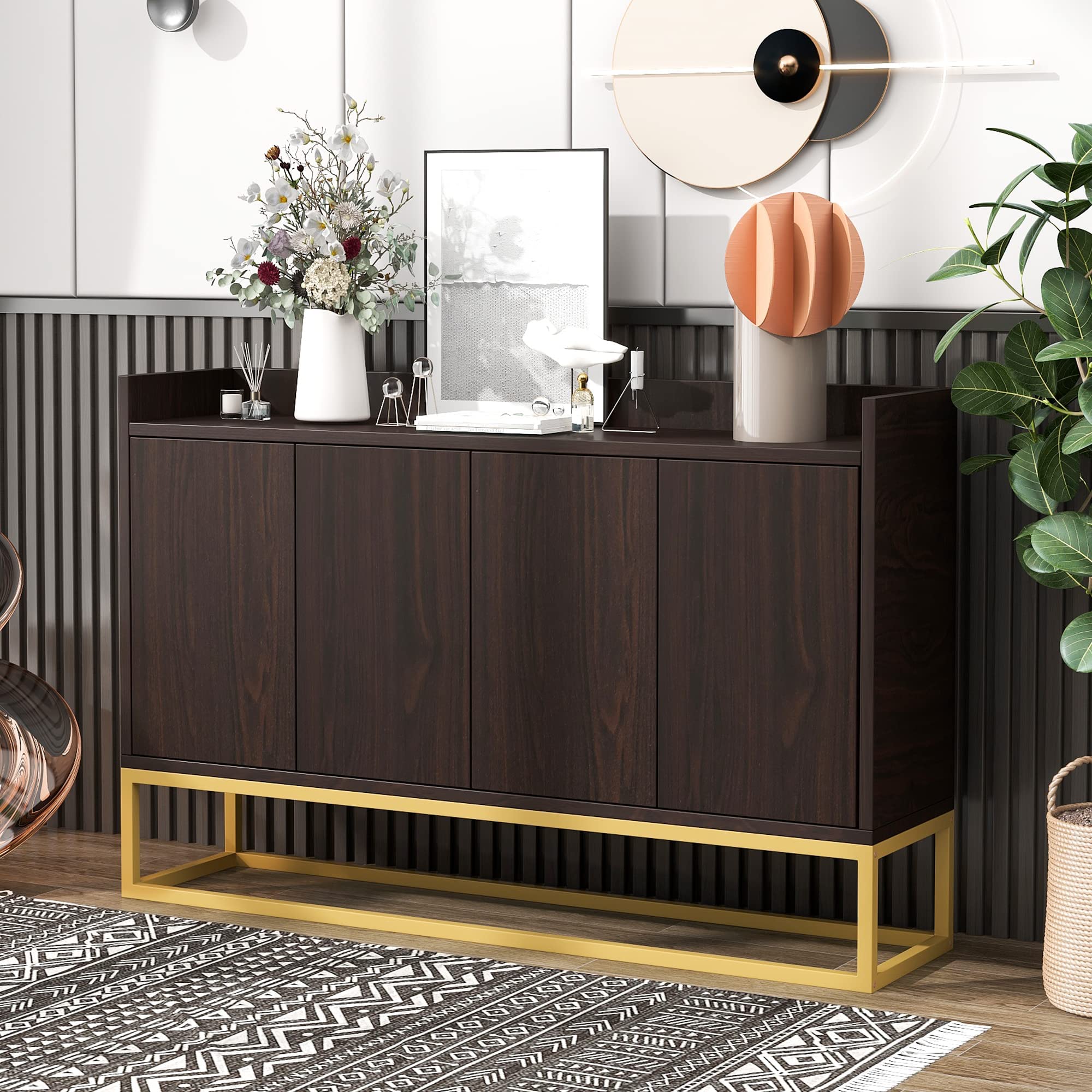 Modern Espresso Sideboard Console Table with Metal Legs & Adjustable Shelf - Elegant Buffet Cabinet for Dining Room, Living Room Storage & Home Organization