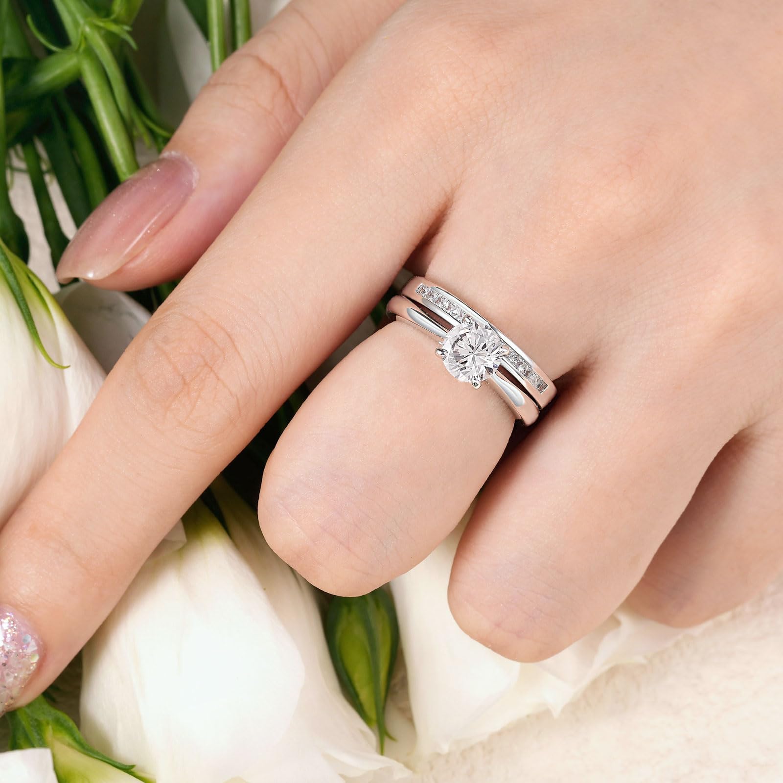SHELOVES Sterling Silver Engagement & Wedding Ring Set with Round CZ Solitaire - Cubic Zirconia Rings Size 4.5-13 for Women, Bridal Jewelry Gift for Anniversary, Proposal & Special Occasions