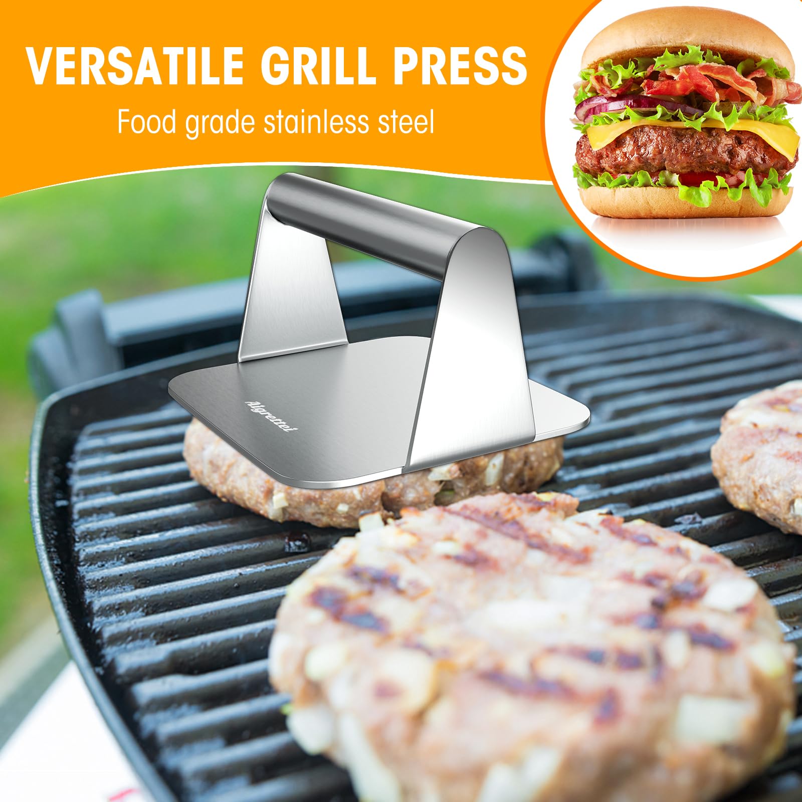 Heavy Duty Stainless Steel Burger Press - Non-Stick Hamburger Patty Maker for Grill, Griddle & BBQ - Perfect for Burgers, Bacon, Ham & Sandwiches - Dishwasher Safe & Rustproof - 5.5x5.5 Inches - Ideal for Backyard BBQs, Camping & Outdoor Cooking