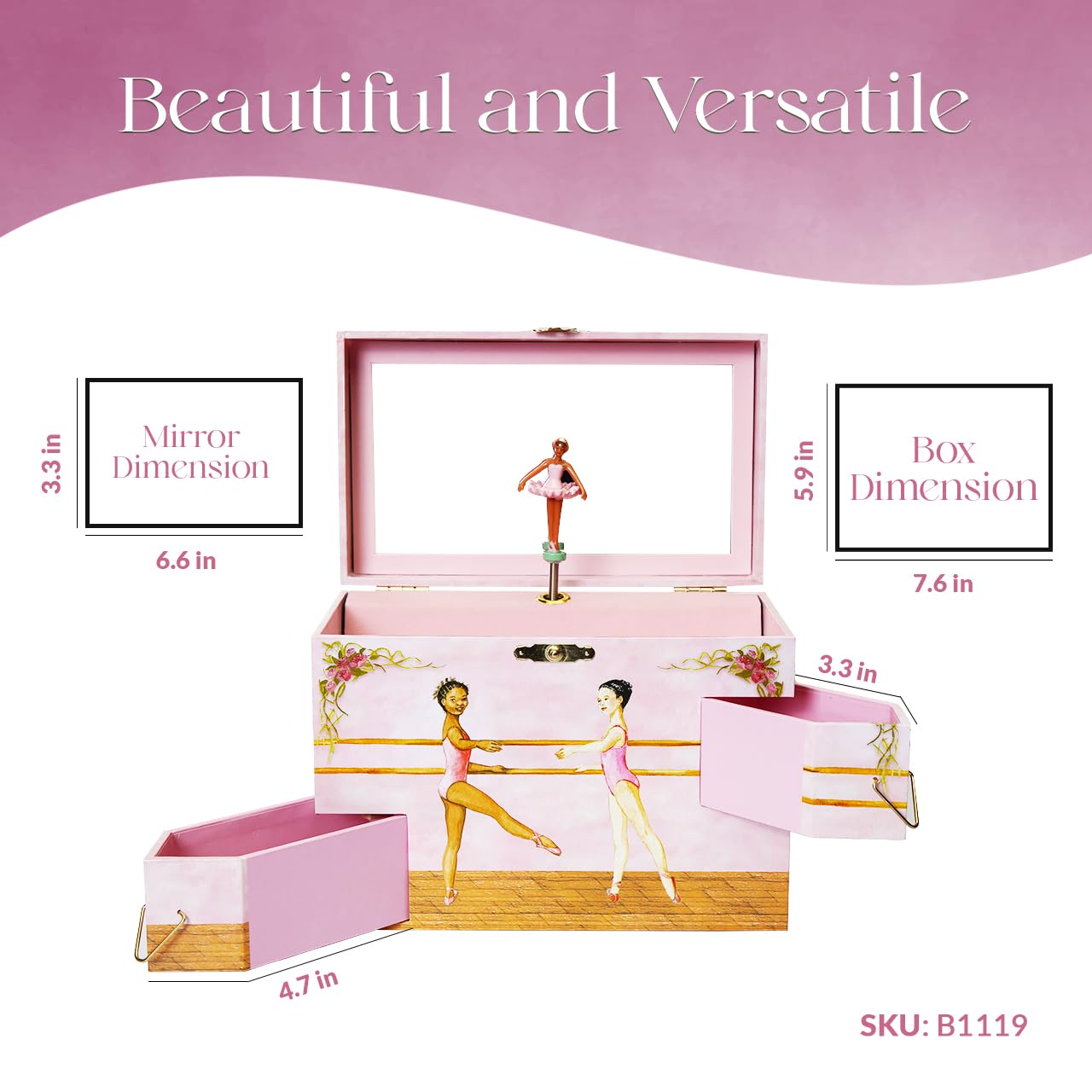 Elegant Black Ballerina Jewelry Box for Girls - Spinning Music Box with Swan Lake Melody & 4 Pull-Out Drawers - Perfect for Jewelry Storage, Birthday Gifts, and Ballet Themed Room Decor
