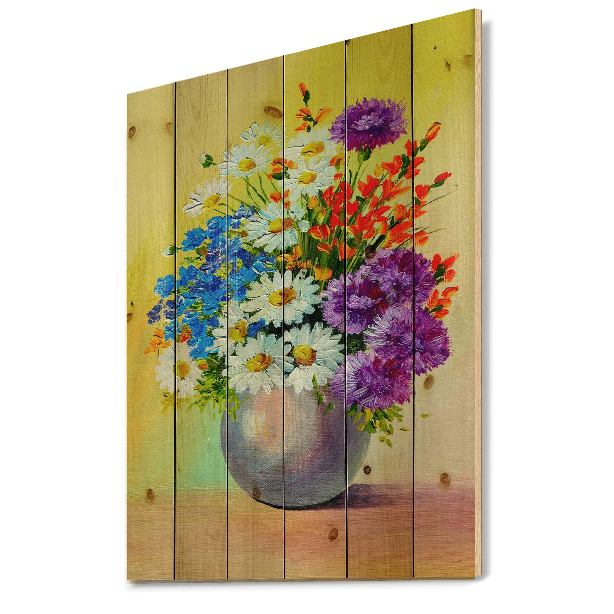 Blue Red White Floral Wood Wall Art - Pine Wood Decor for Living Room