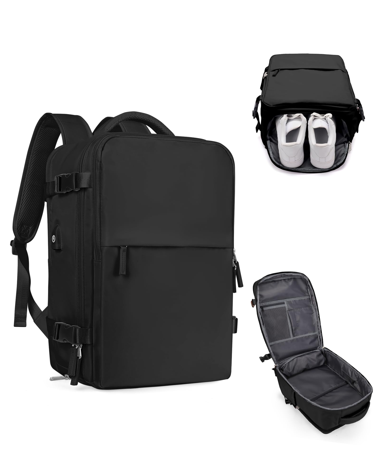 Waterproof Travel Backpack for Women & Men - Lightweight Hiking Backpack with Laptop Compartment - Airplane Approved Carry On Backpack for College, Business Trips & Outdoor Adventures (Black)