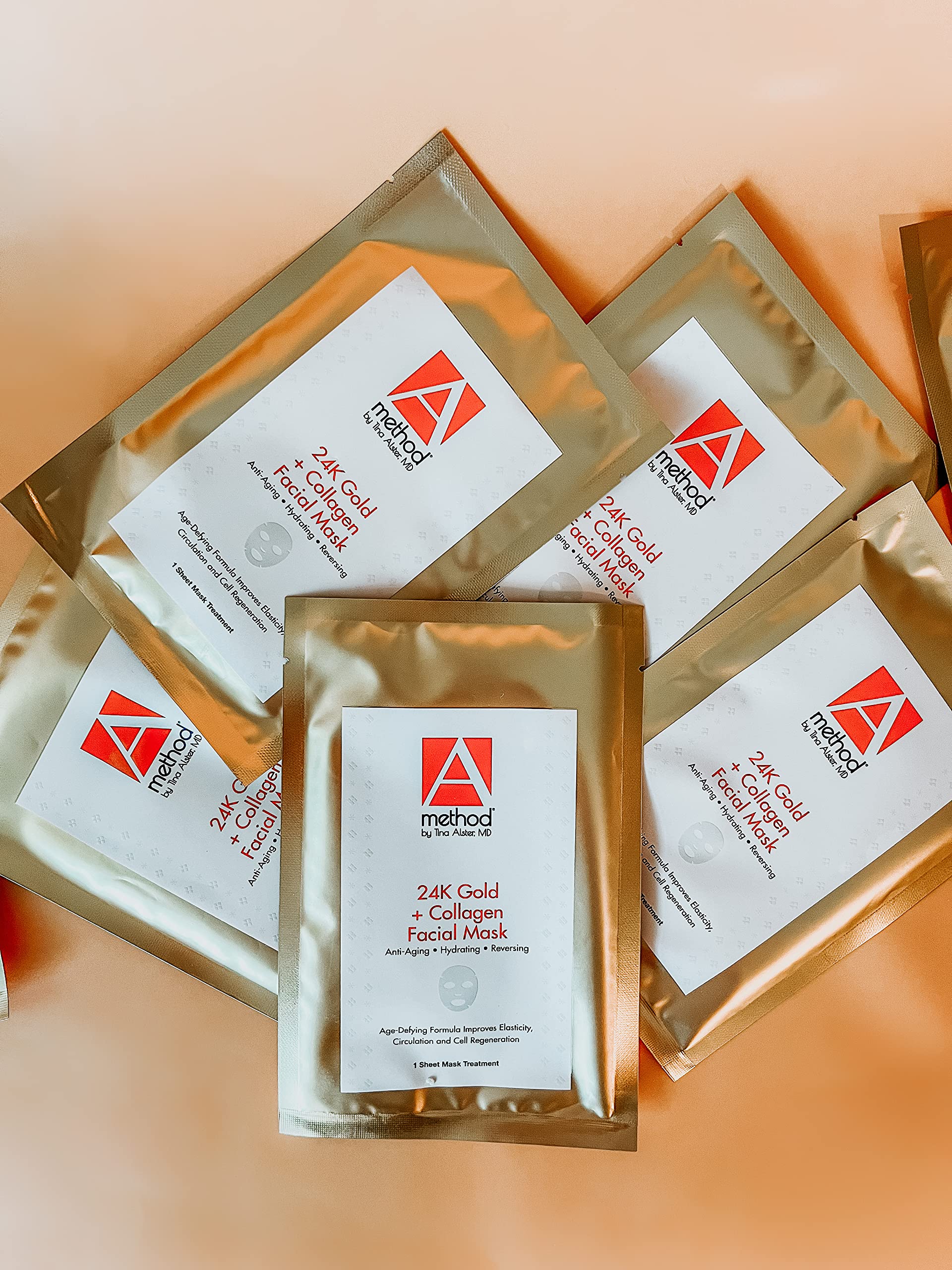 24K Gold & Collagen Facial Sheet Masks 6-Pack - Anti-Aging, Hydrating & Skin Rejuvenating Treatment by Dermatologist Dr. Tina Alster | Perfect for Spa Nights, Self-Care Routines & Special Occasions