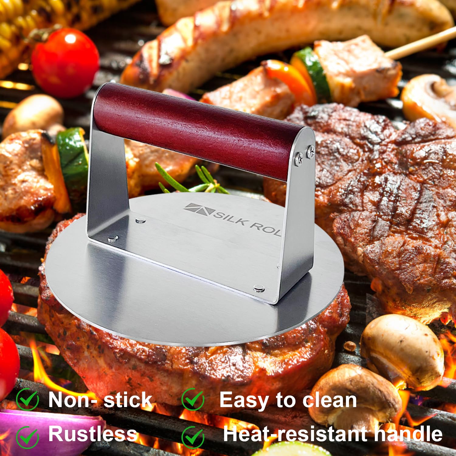 Premium Stainless Steel Burger Press Set - 8 Inch Bacon Press & 6.3 Inch Round Hamburger Smasher with Wood Handle, Heavy Duty Meat Press for Grill, BBQ, Smash Burgers, Bacon Up, Beef Patties - Perfect for Backyard Cookouts, Restaurant Use & Home Kitchen