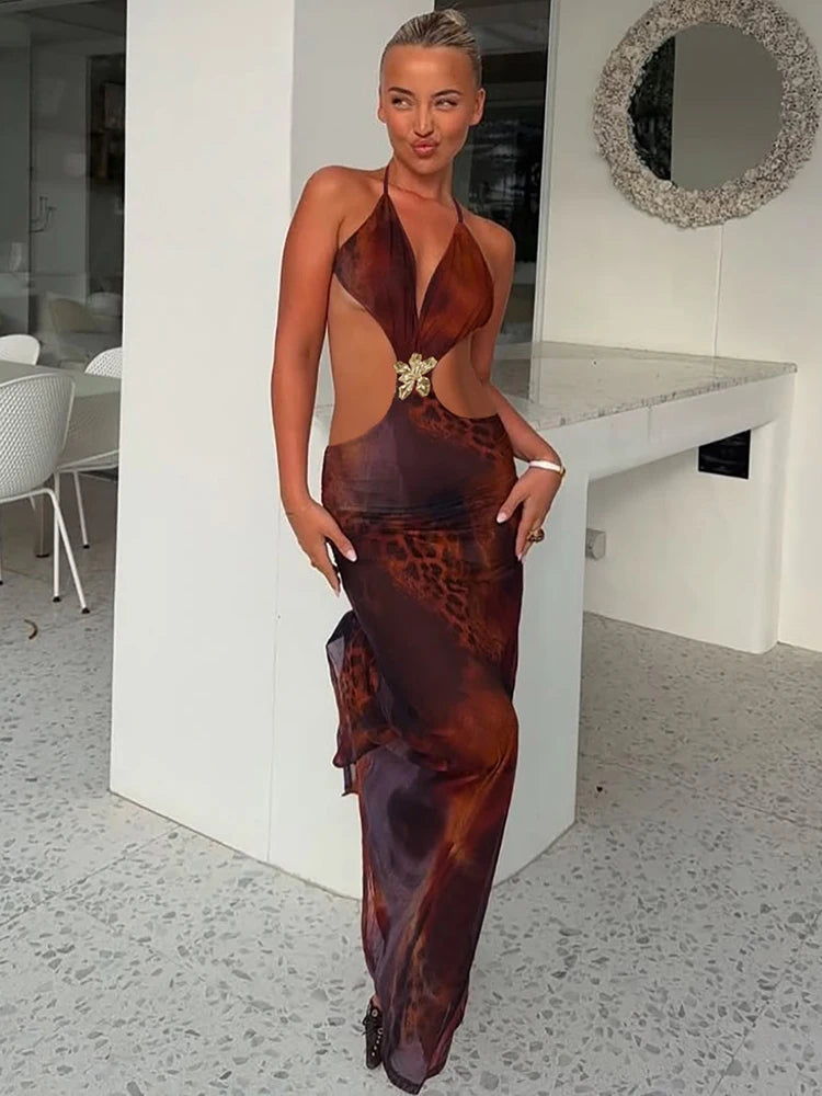 Sexy Deep V Neck Halter Maxi Dress for Women - Floral Print Hollow Out Sleeveless Backless Long Gown | Perfect for Beach Vacation, Summer Party & Evening Events