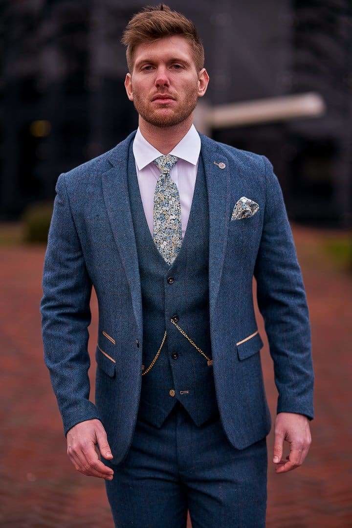 Marc Darcy Dion Men's 3 Piece Blue Tweed Suit - Classic Slim Fit Wedding Suit, Business Formal Attire for Office, Party & Special Occasions
