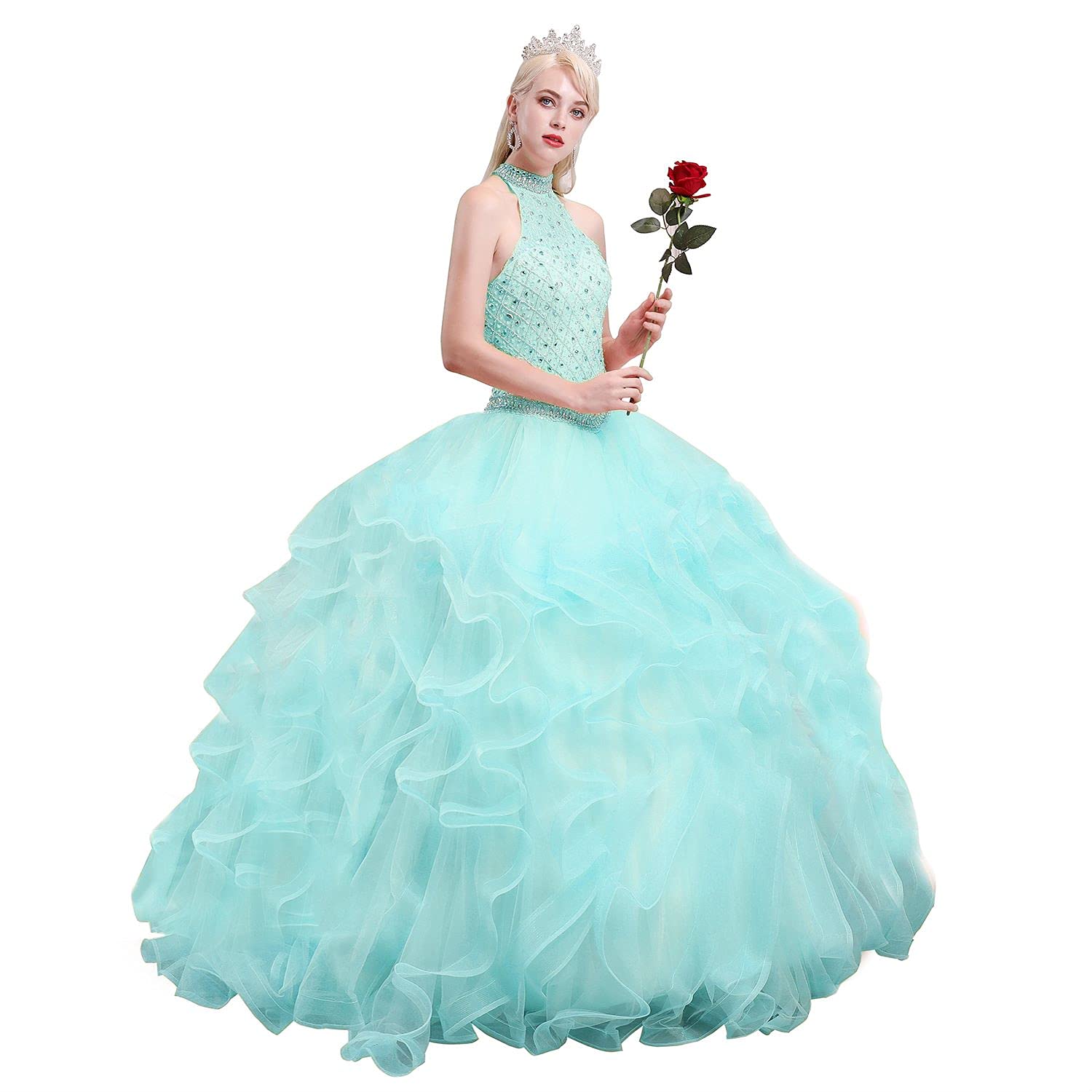 Yisha Bello Women's Crystal Beaded Quinceanera Dress - Elegant High Neck Sleeveless Organza Ball Gown with Ruffles for Sweet 16, Prom, Wedding & Formal Events