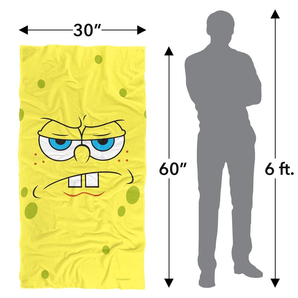 Spongebob Beach Towel 30x60 Inches - Soft & Absorbent Cartoon Towel with Angry Face Design | Perfect for Pool, Beach, Travel & Summer Activities