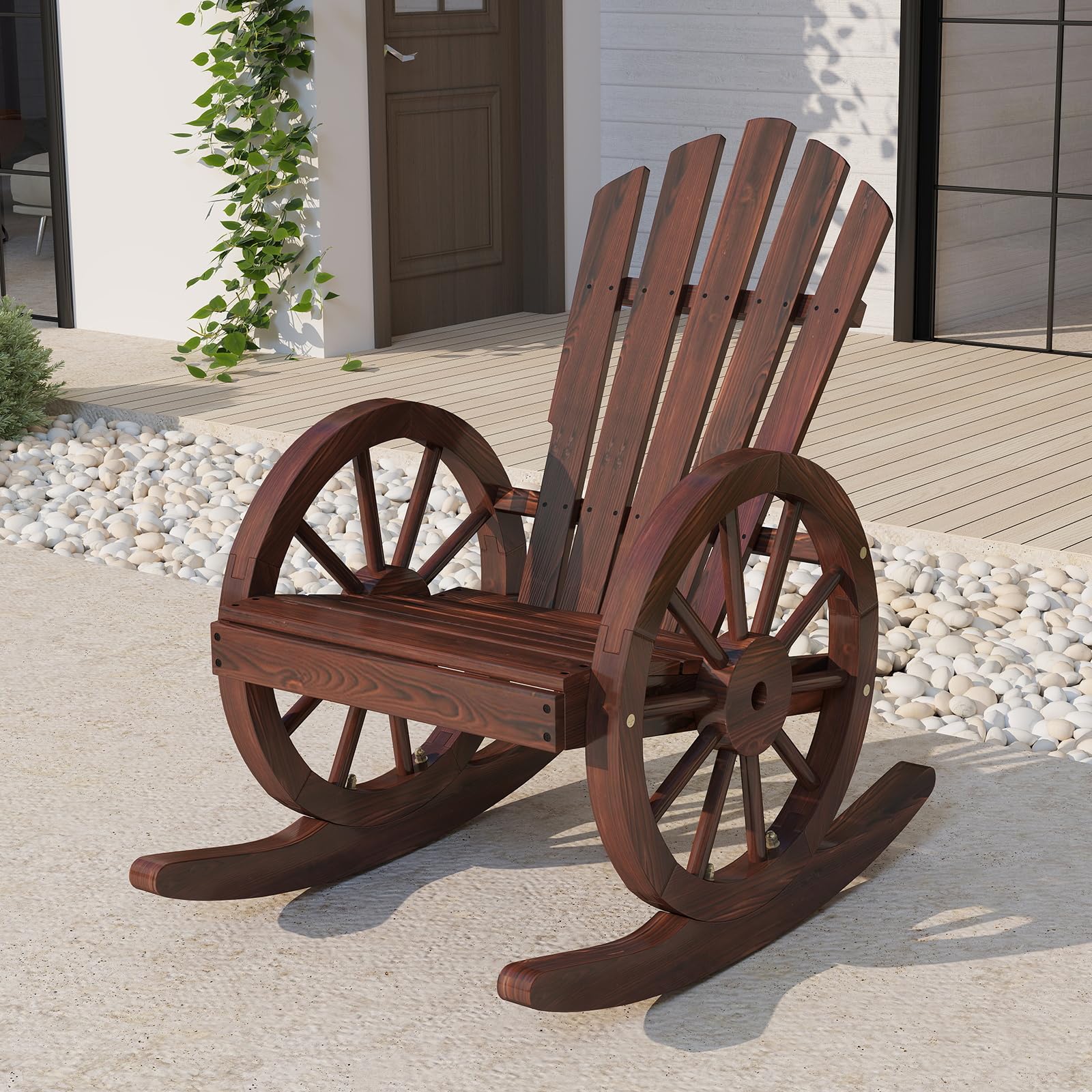 Kinbor Wooden Outdoor Rocking Chair - Comfortable High Back Slat Rocker for Porch, Patio, Lawn & Garden - Reclining Seat for Relaxing in Backyard, Poolside or Sunroom