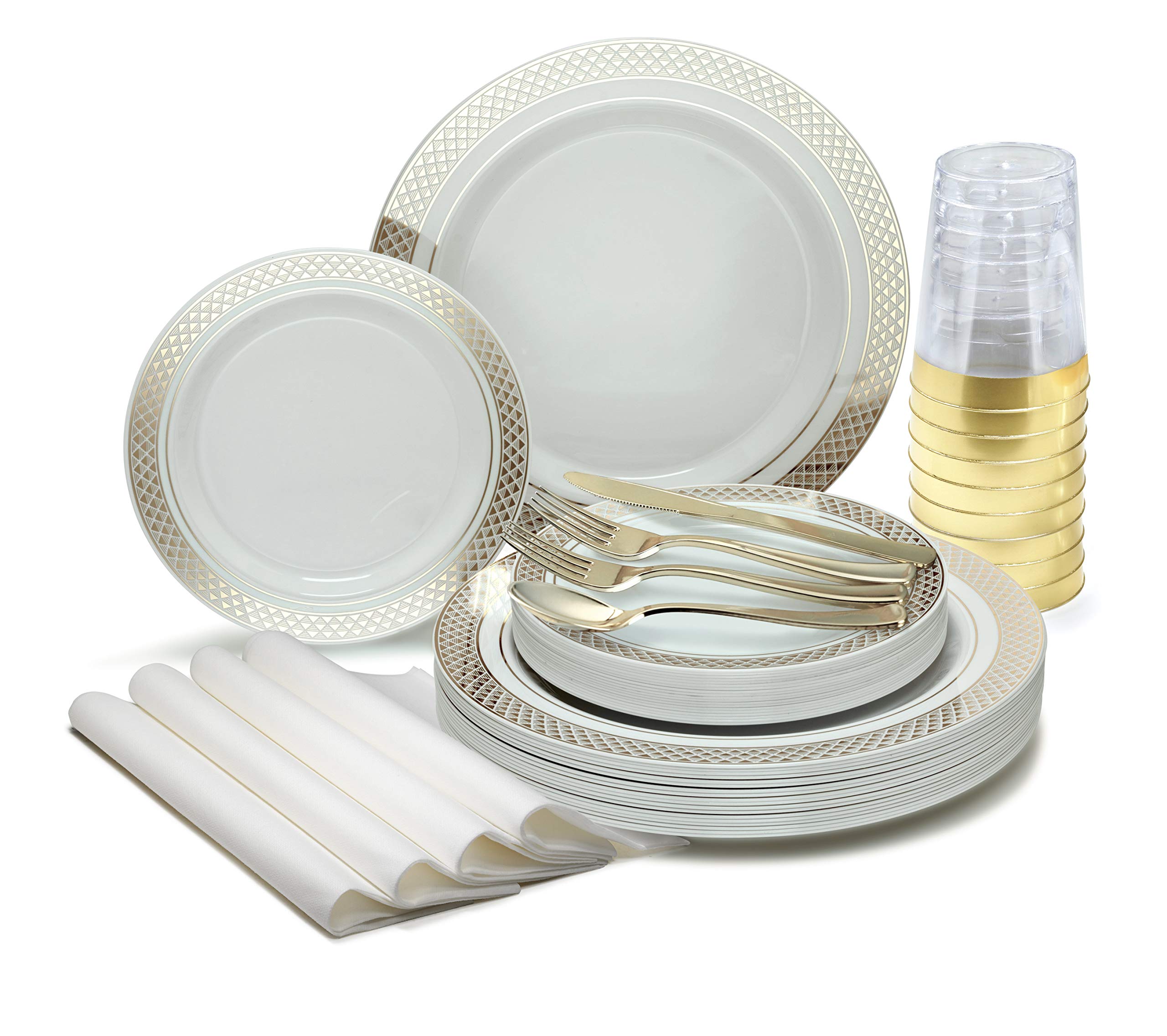960-Piece Heavyweight Disposable Plastic Plate Set for Weddings & Parties - 120x10.5'' Dinner Plates, 120x7.5'' Dessert Plates, Silverware, Cups & Linen-Like Napkins (Elegant White & Gold) - Perfect for Wedding Receptions, Bridal Showers, Birthday Parties & Large Celebrations