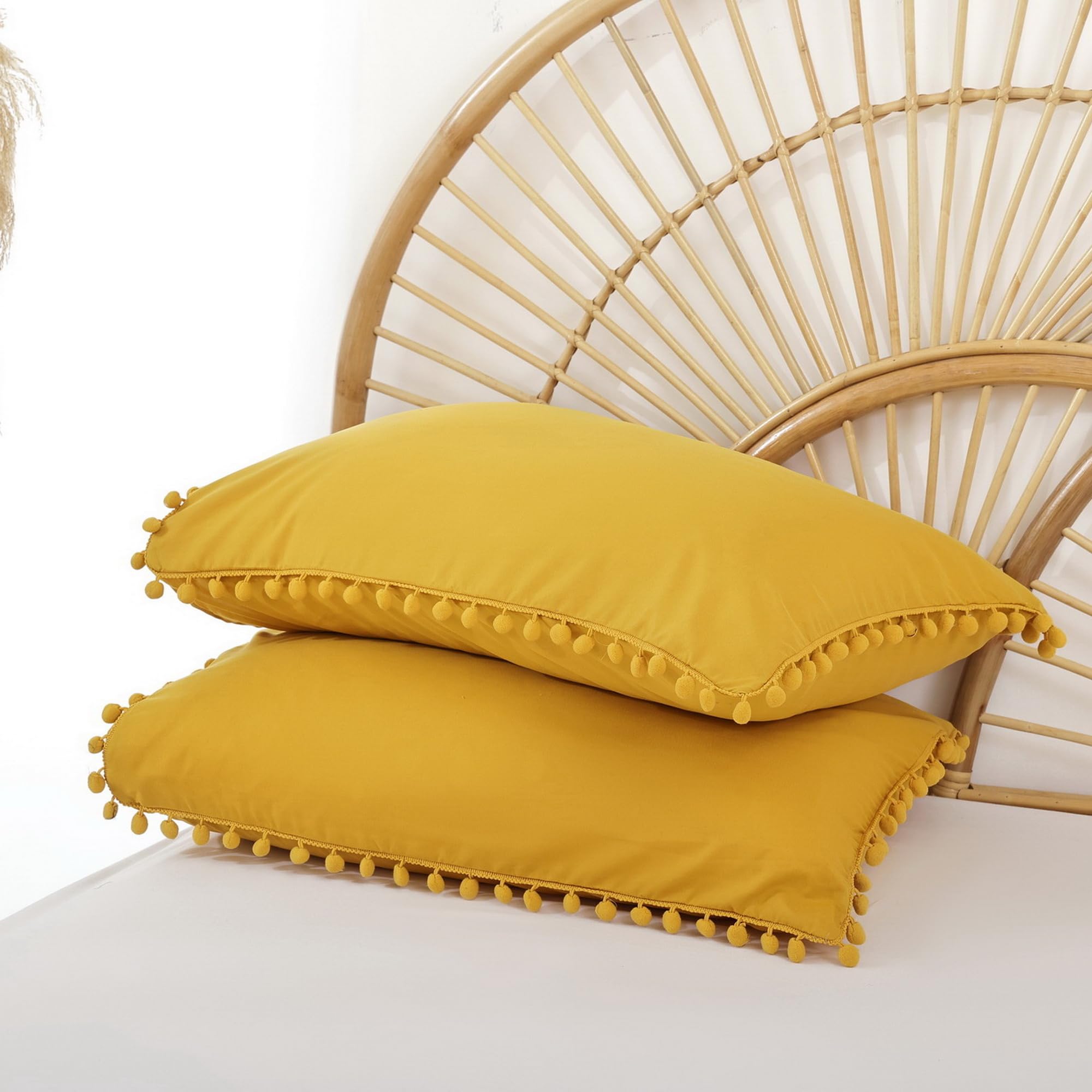 Queen Comforter Set with Pom Fringe - Soft All-Season Bedding for Cozy Nights - Mustard Yellow