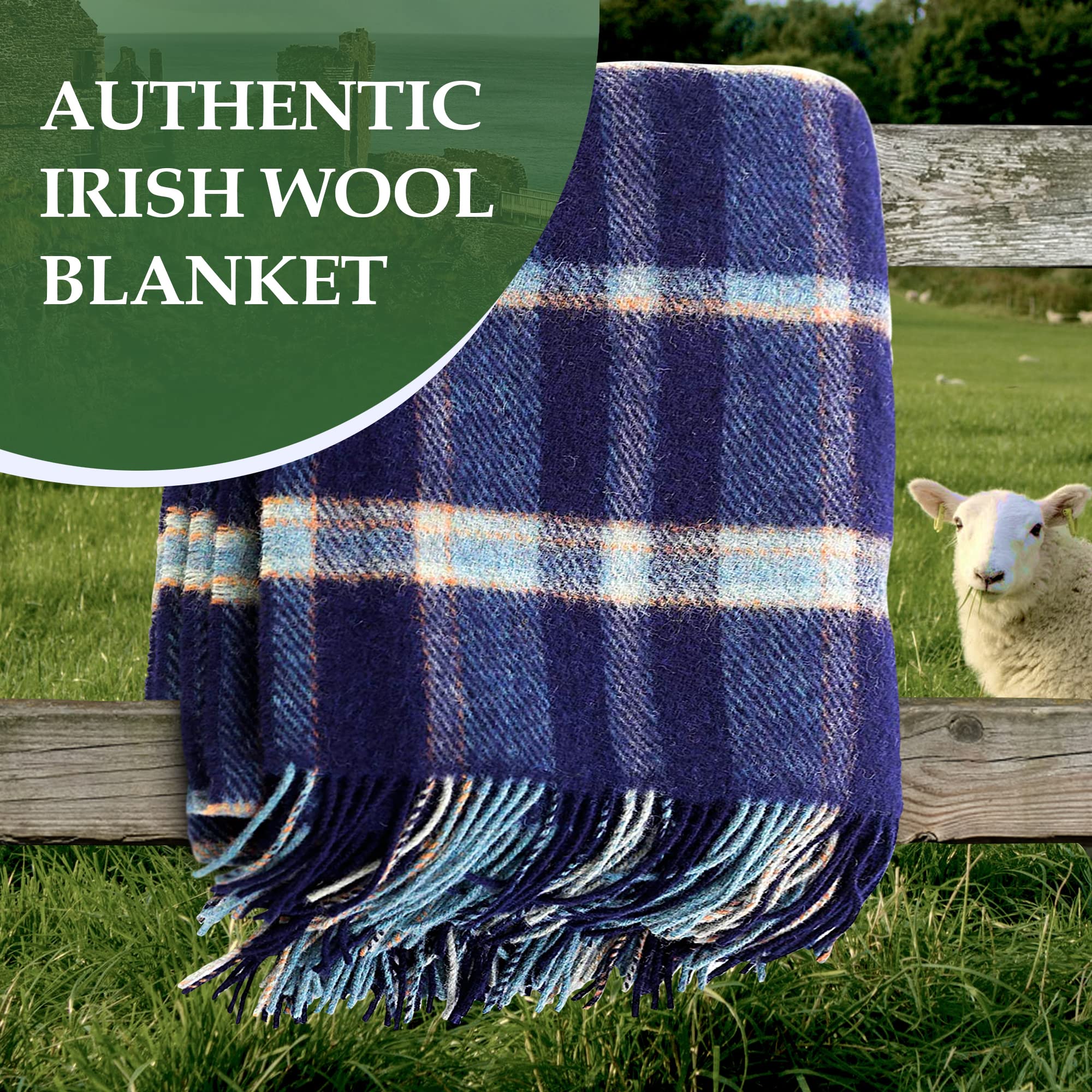 Authentic Irish 100% Wool Throw Blanket - Traditional Plaid Print, Ultra Soft & Warm Heirloom Quality Lambswool - Imported from Ireland - 54