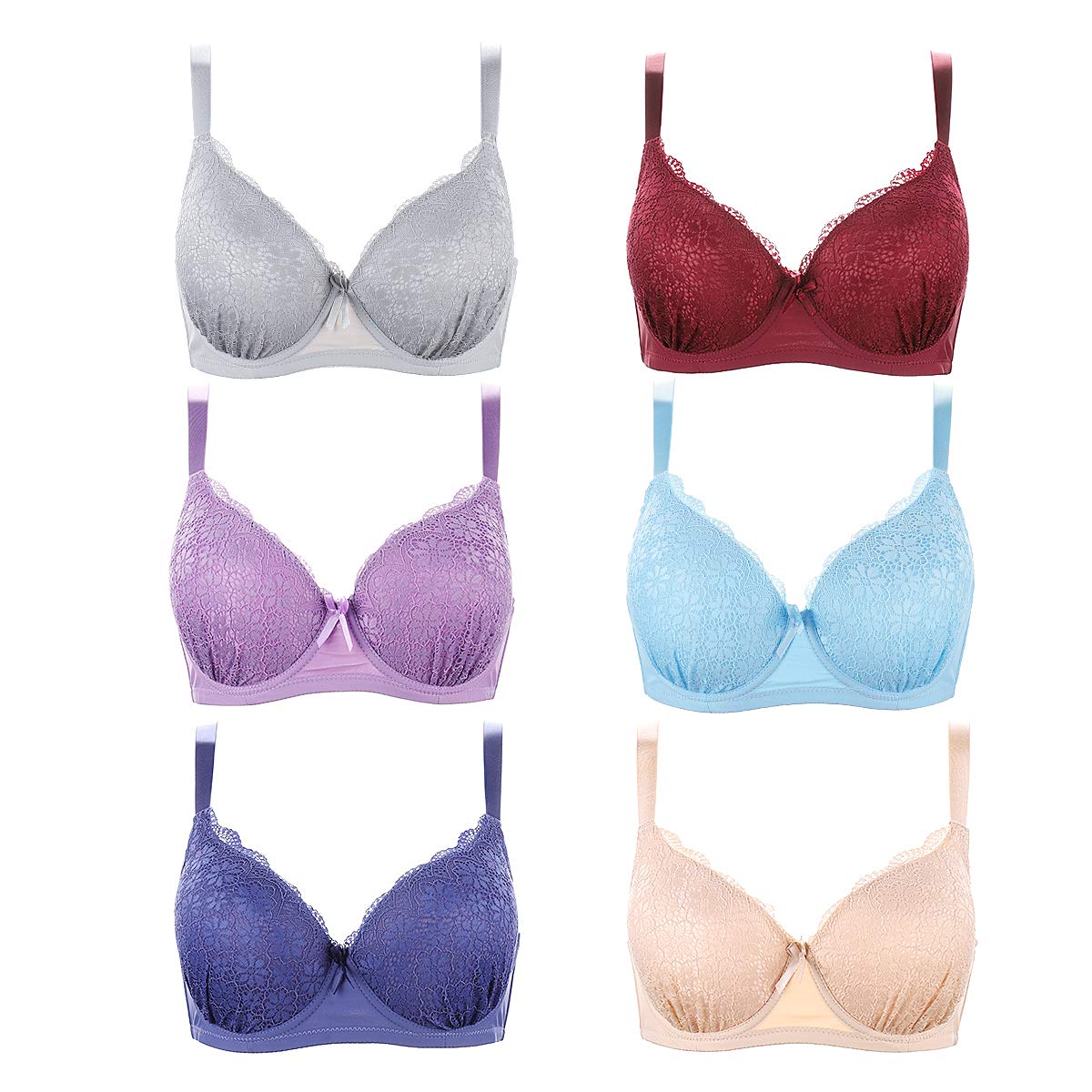 Women's Push Up Bras - 6 Pack Everyday Comfort Wireless T-Shirt Bras - Soft Lace Underwear for Daily Wear, Workout & Layering
