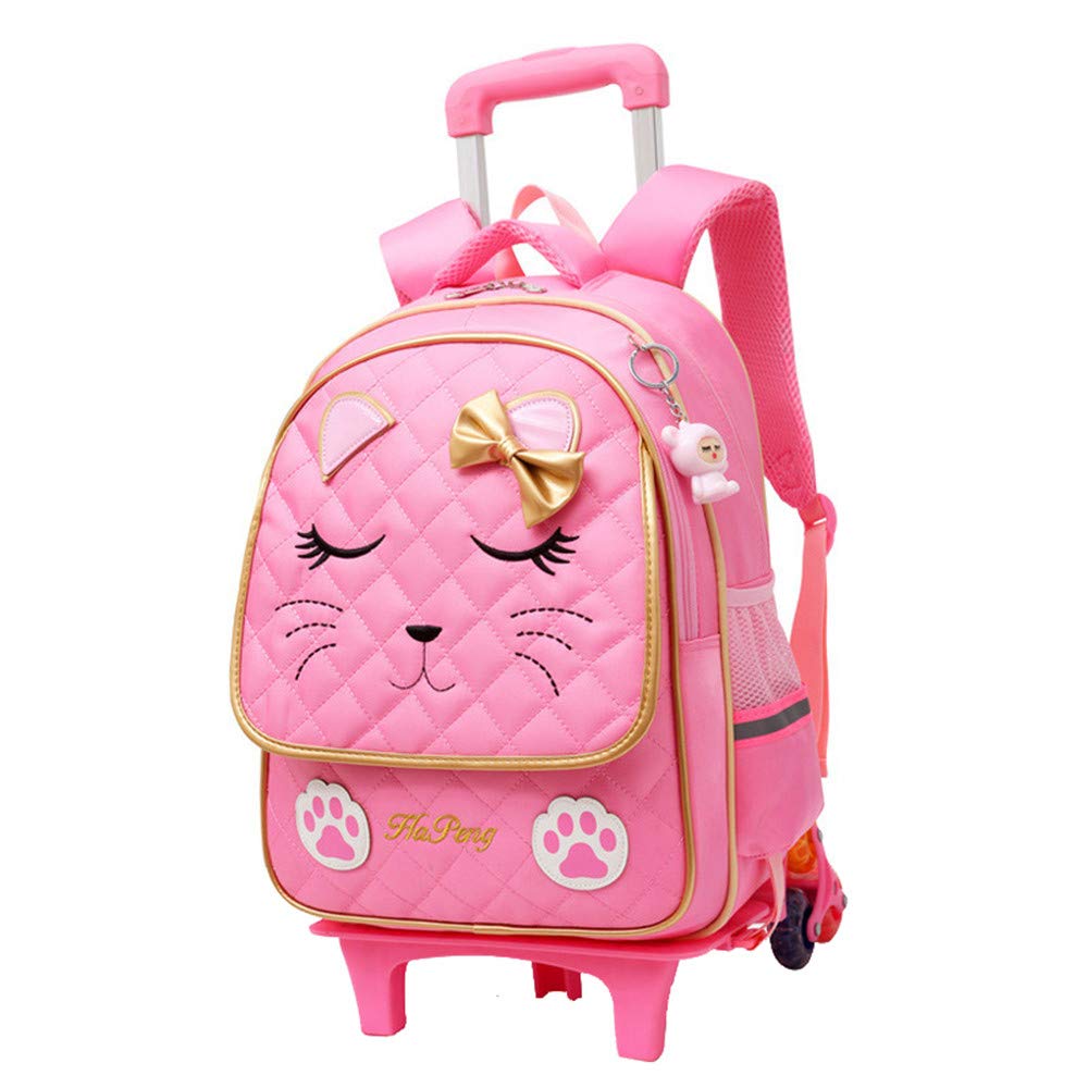 Cute Cat Face Rolling Backpack for Girls - Pink 6-Wheel Trolley School Bag with Bowknot | Kids Travel Luggage & Carry-On for School, Airplane, and Daily Use