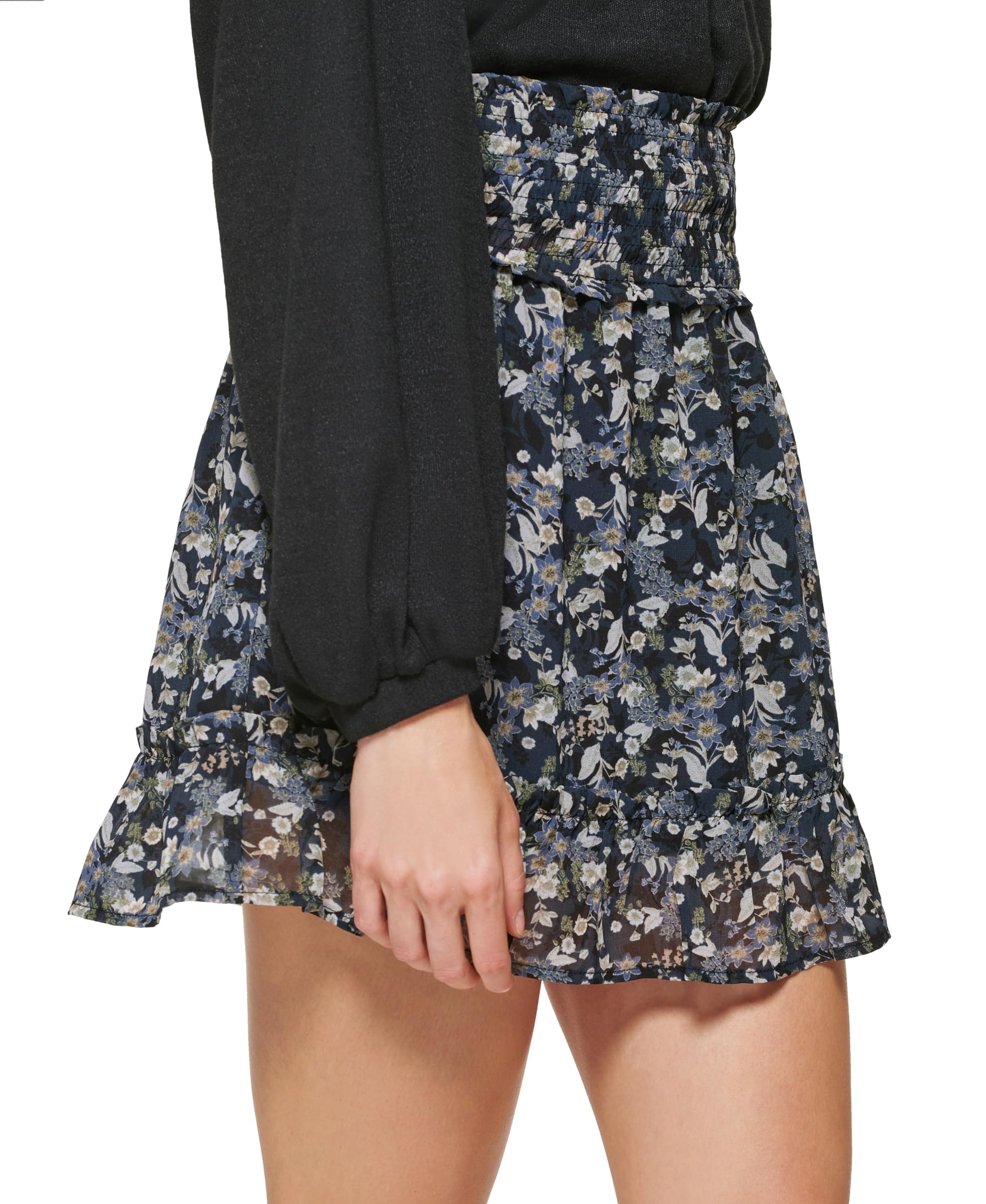 DKNY Jeans Women's Ruffle-Hem Mini Skirt - Black Indigo Multi, Size Small | Flirty Casual Skirt for Date Night, Parties & Summer Outfits