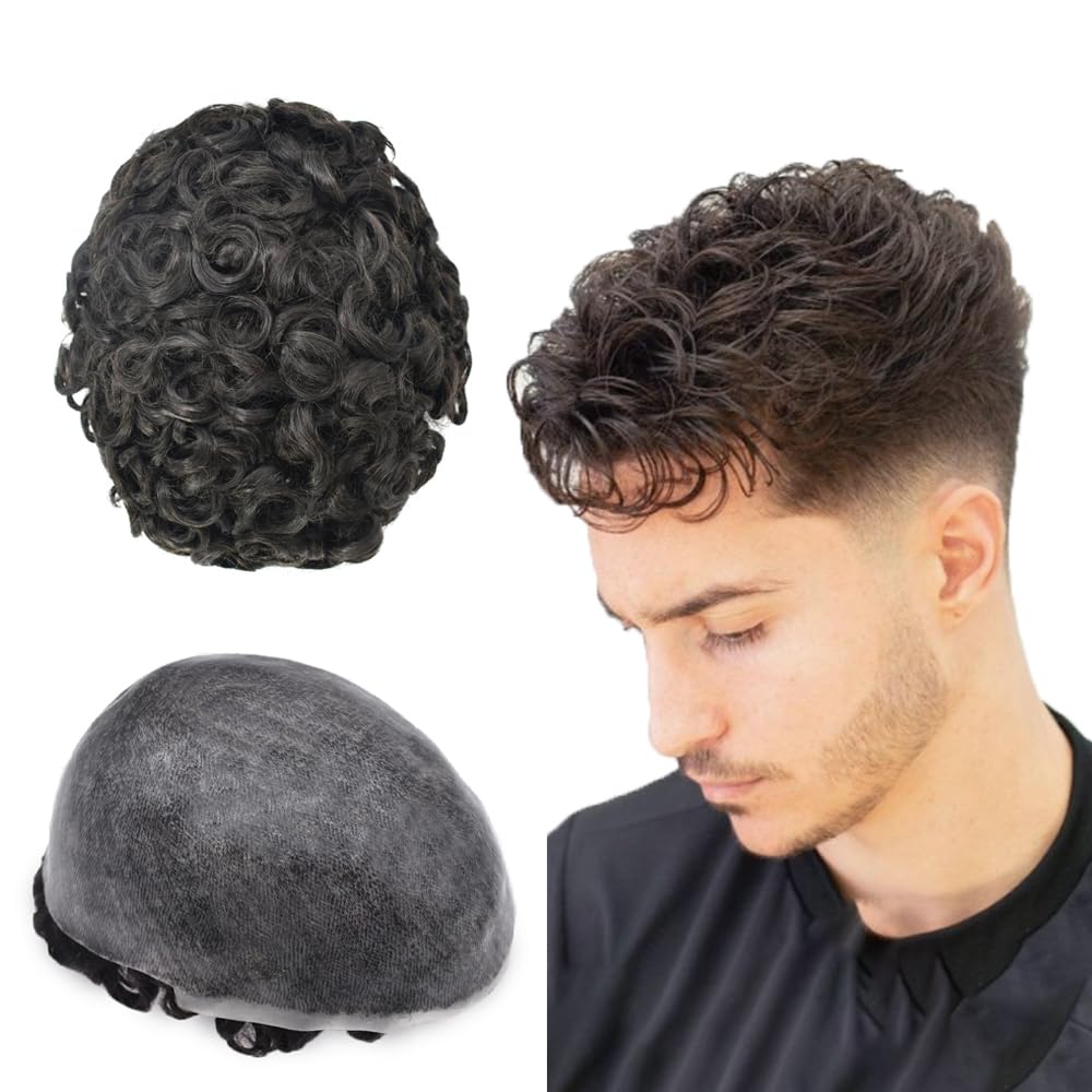 Afro Wavy Human Hair Toupee for Black Men - Curly Wave Replacement System with Full Poly Thin Skin & PU Injection - Jet Black #1 (20mm) - Perfect for Daily Wear, Cosplay, and Special Events