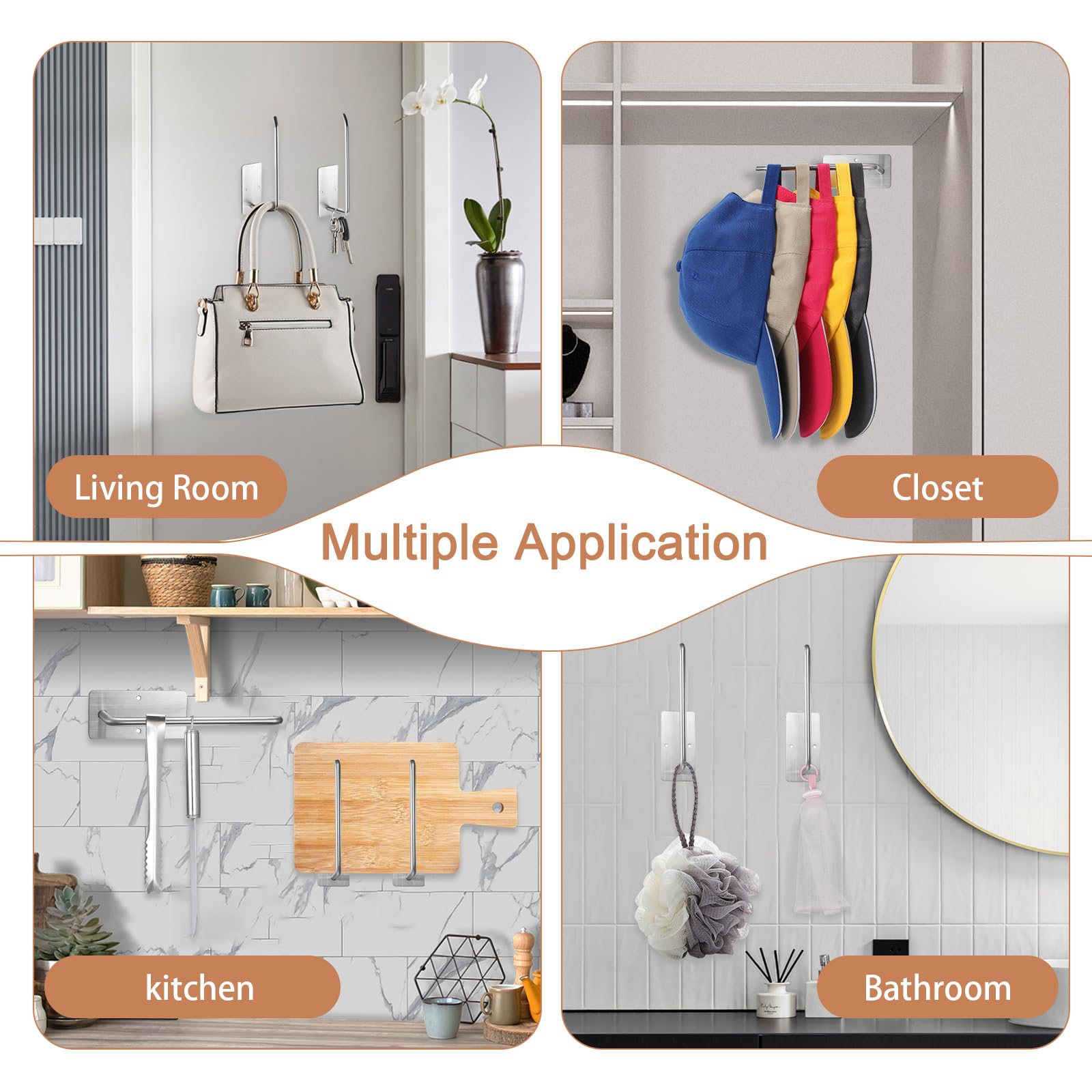 2 Pack Stainless Steel Wall Mount Hat Rack Organizer - Baseball Cap Hooks Holder for Closet & Bedroom Storage (Gloss Silver, Rectangular) | Space-Saving Solution for Caps, Hats & Accessories