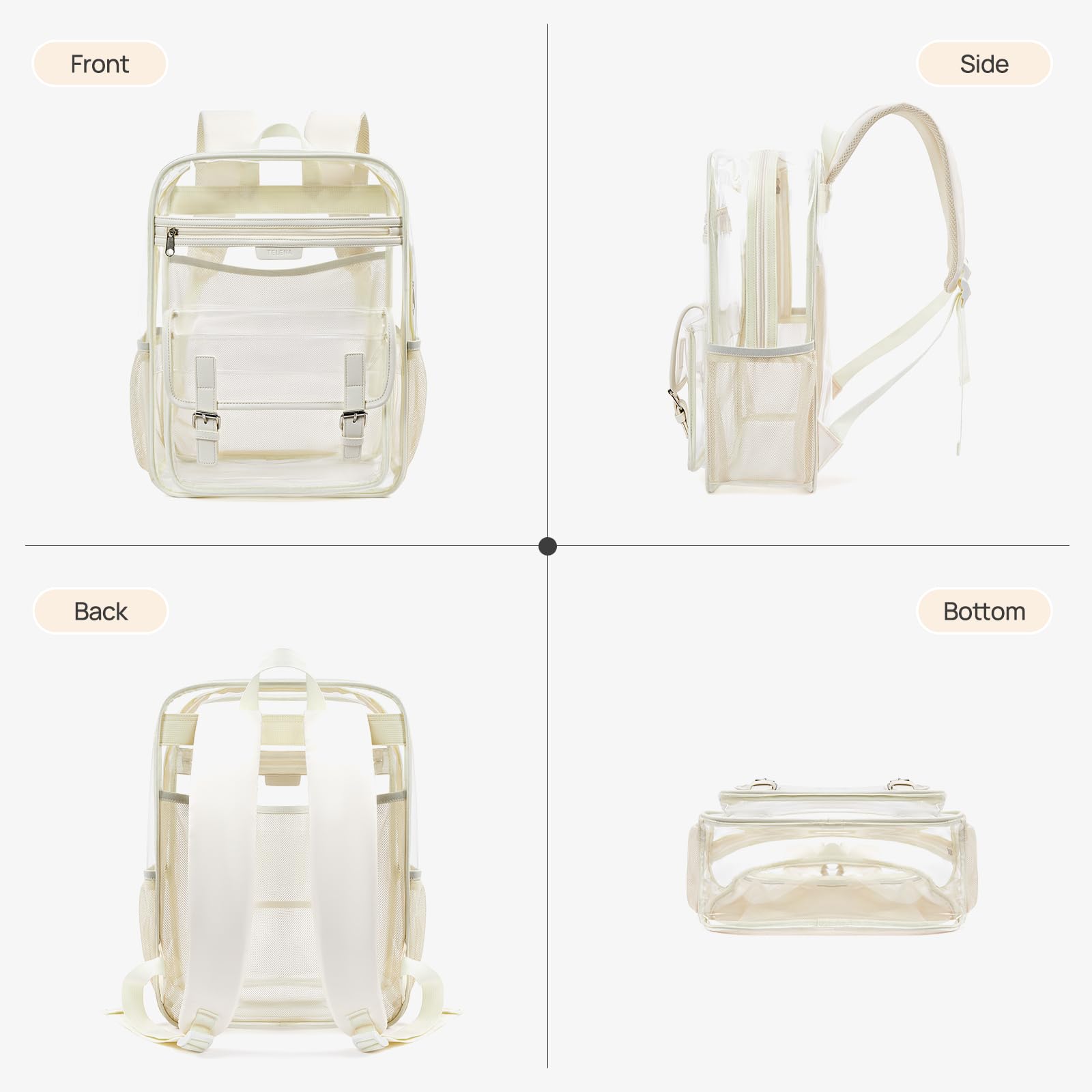 Telena Heavy Duty Clear Backpack with Multi-Pockets - Durable TPU Transparent Backpack with Reinforced Straps for College, Work & Travel - Large See-Through Bookbag (White) - Perfect for School, Office, Airport Security & Stadium Events